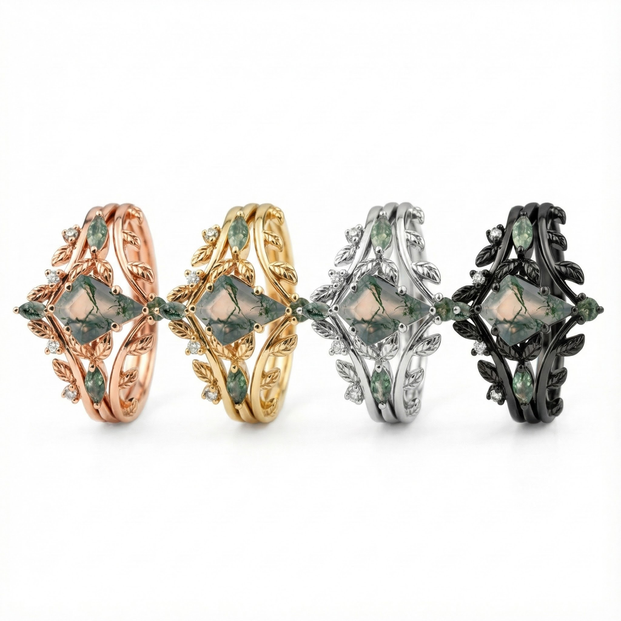 Kite Moss Agate With Moissanite/Diamond Engagement Wedding Ring Set