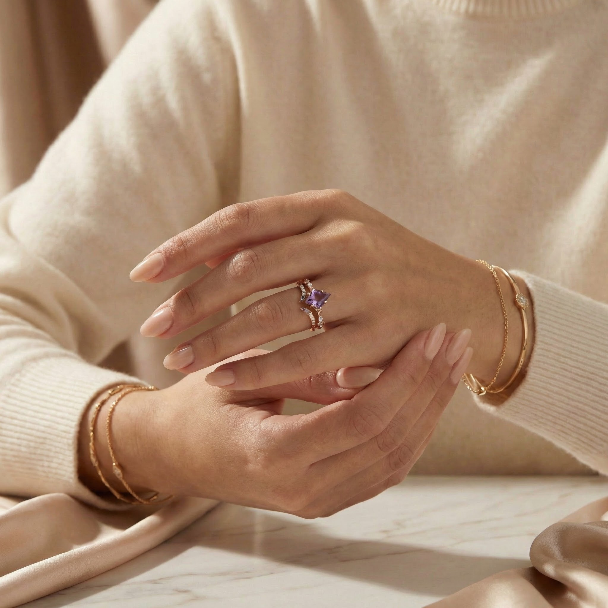 Kite Amethyst Rose Gold Engagement Ring Set - Stunning jewelry for special occasions