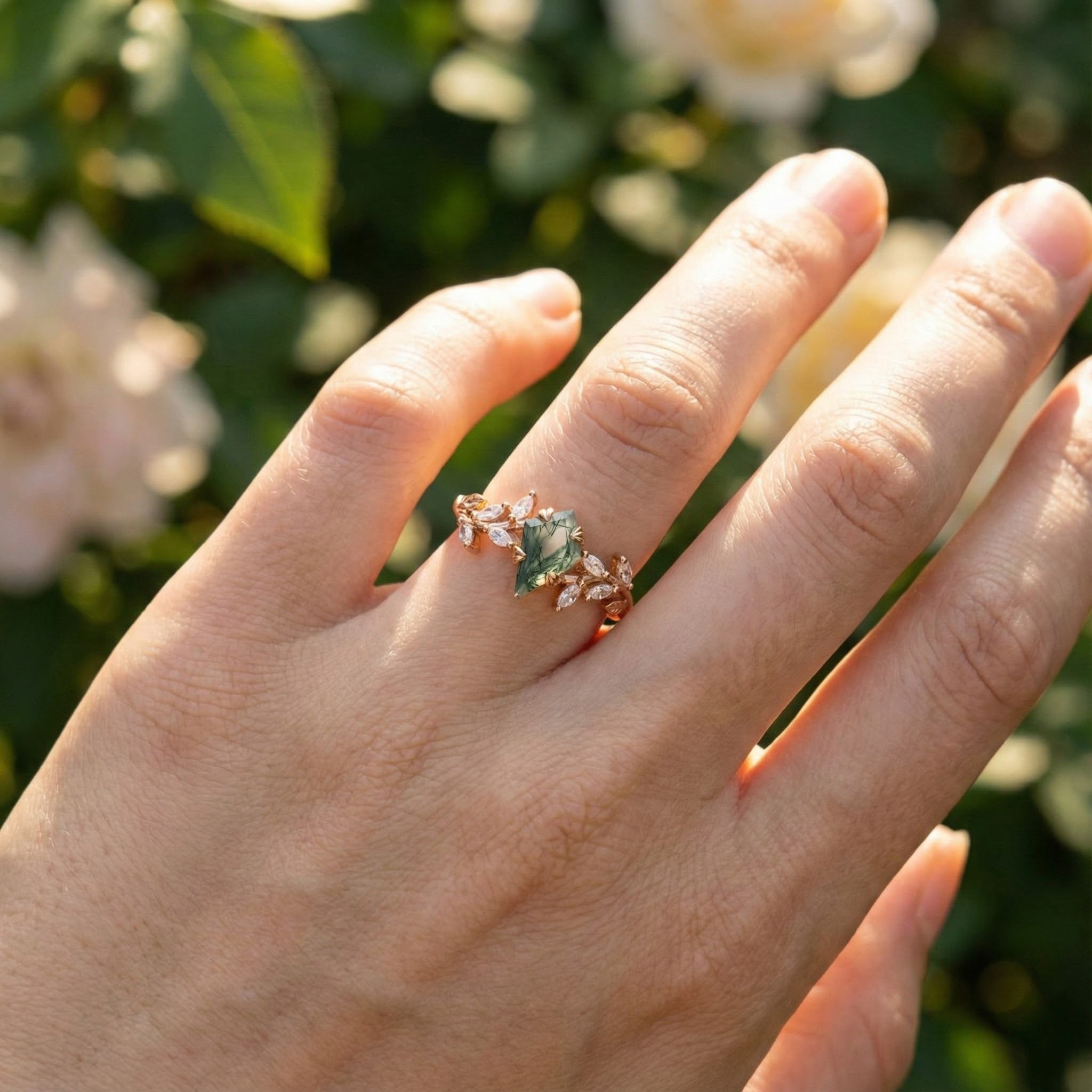 Elegant Leaf Ring crafted with Kite Moss Agate, perfect for weddings, engagement and special occasions.