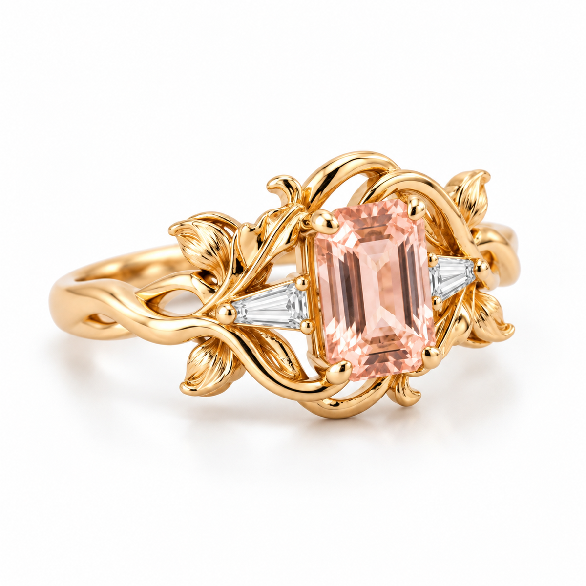 Lab-grown Padparadscha leaf ring in yellow gold on white background