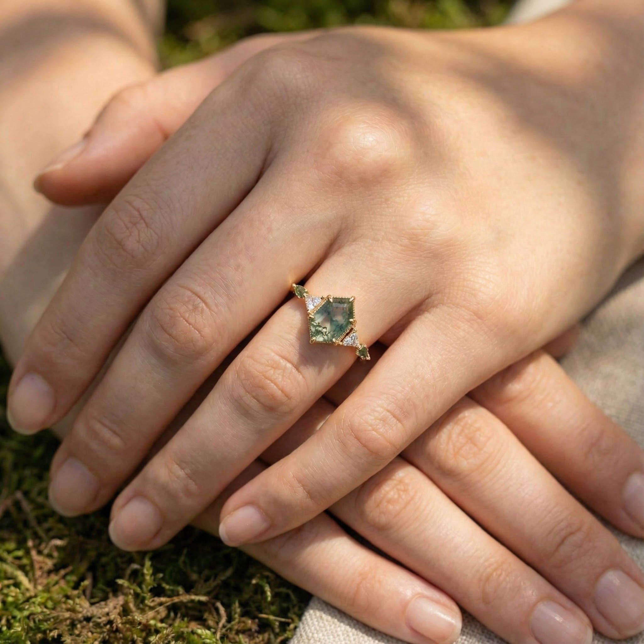 Classic Long Hexagon Moss Agate Engagement Ring Green Gem Ring Promise Ring