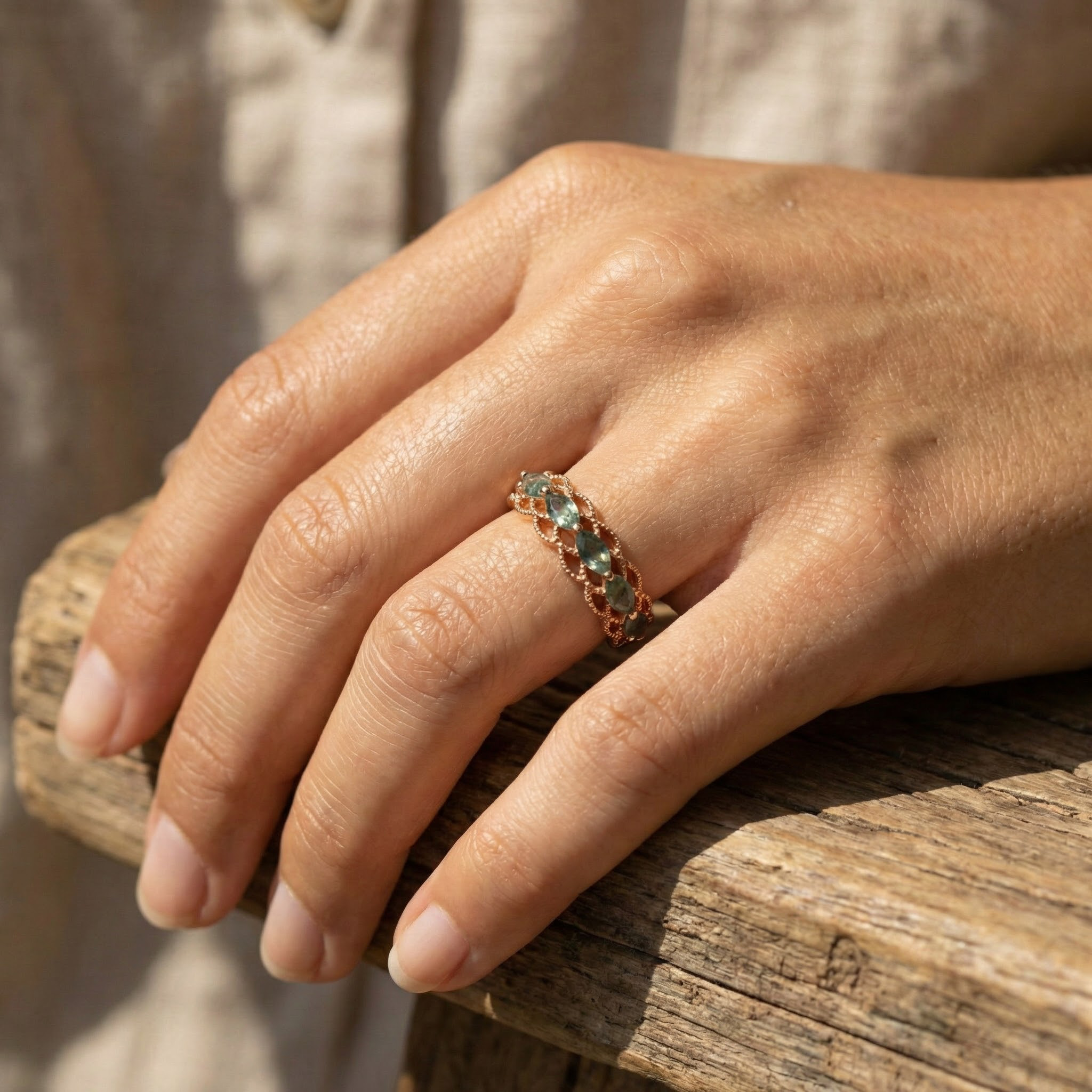 Angled view of Moss Agate Ring in Gold