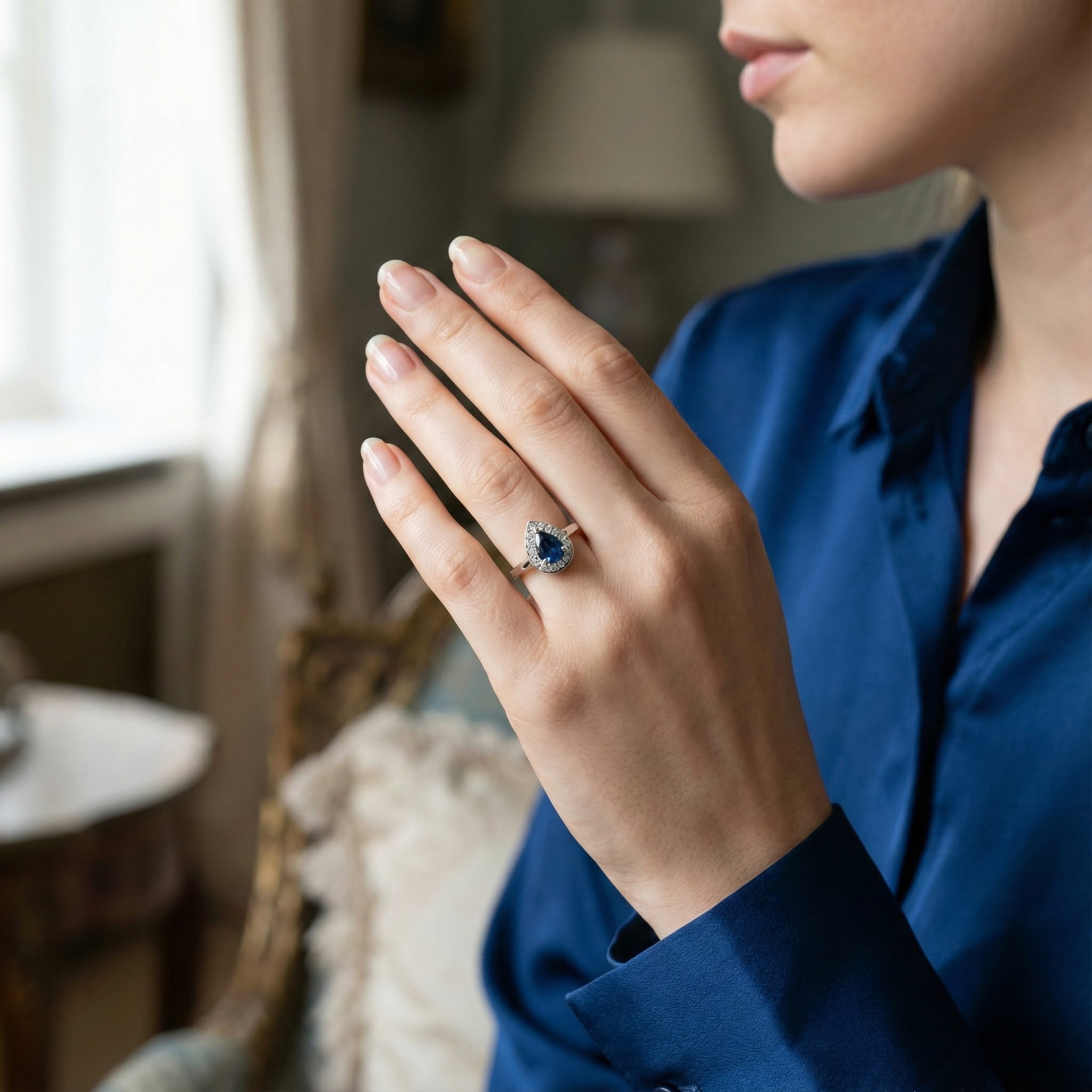 Luxury Teardrop Sapphire Diamond Ring Engagement White Gold Ring