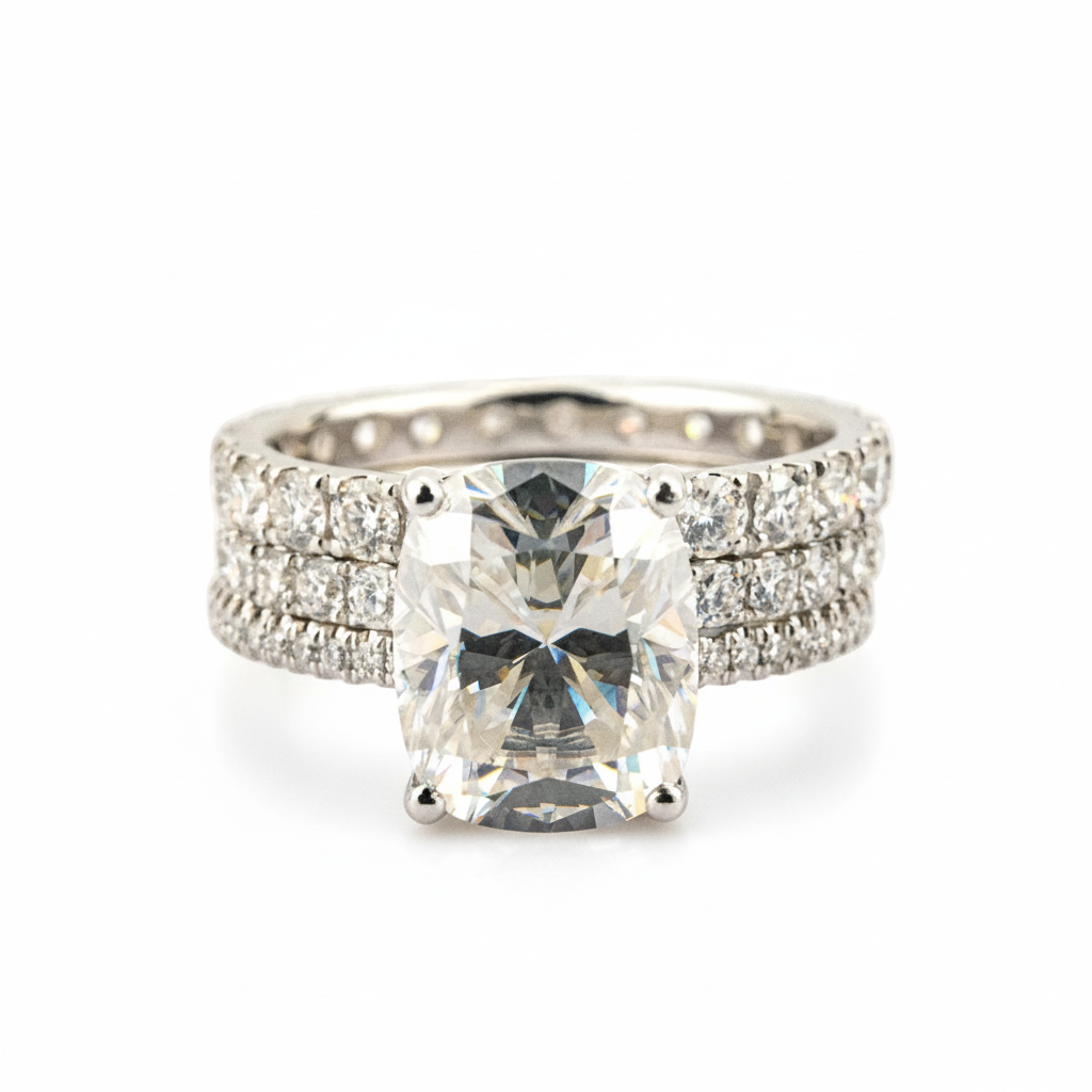 2 Carat Classic Emerald Cut Moissanite White Gold Engagement Ring Set