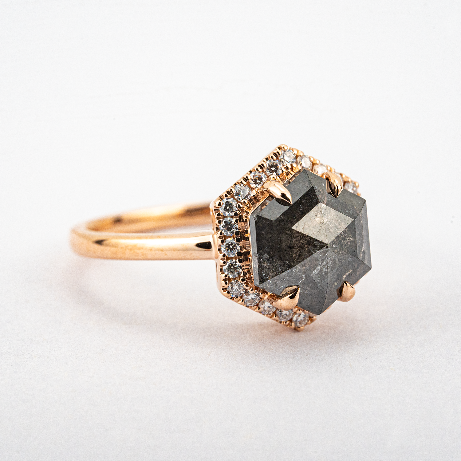 2 Carat Hexagonal Salt and Pepper Diamond Wedding Ring Halo Ring