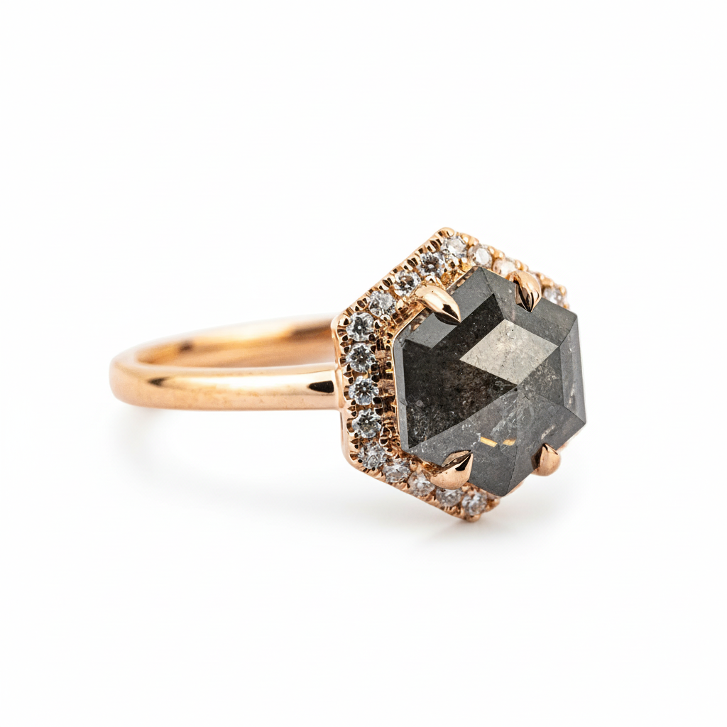 Product view of Hexagon Salt and Pepper Diamond Ring in Gold