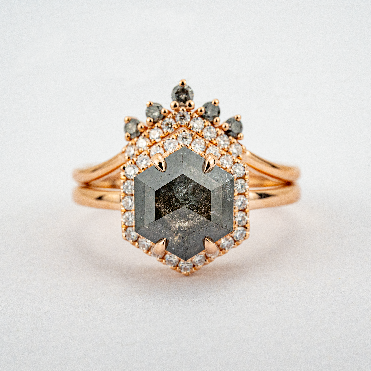 2 Carat Hexagonal Salt and Pepper Diamond Wedding Ring Set