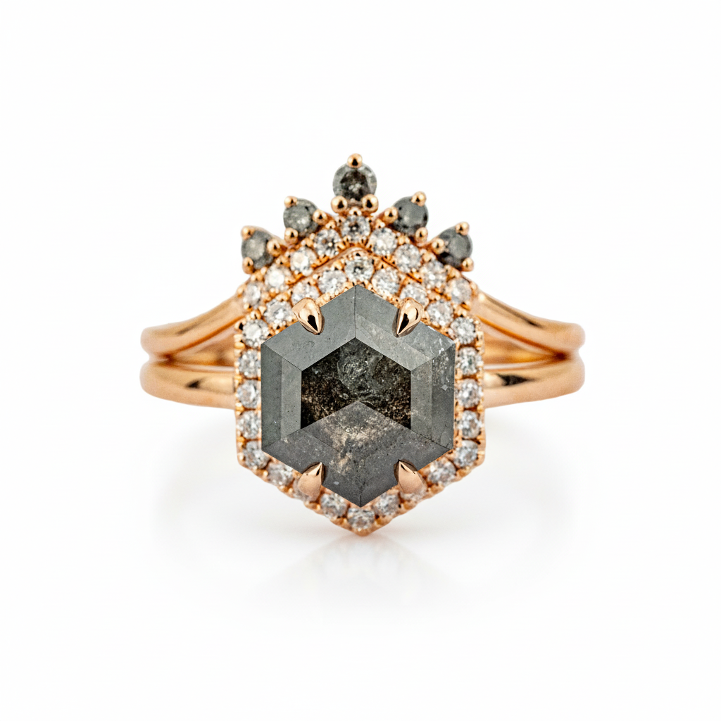 Product view of Hexagon Salt and Pepper Diamond Ring Set in Gold