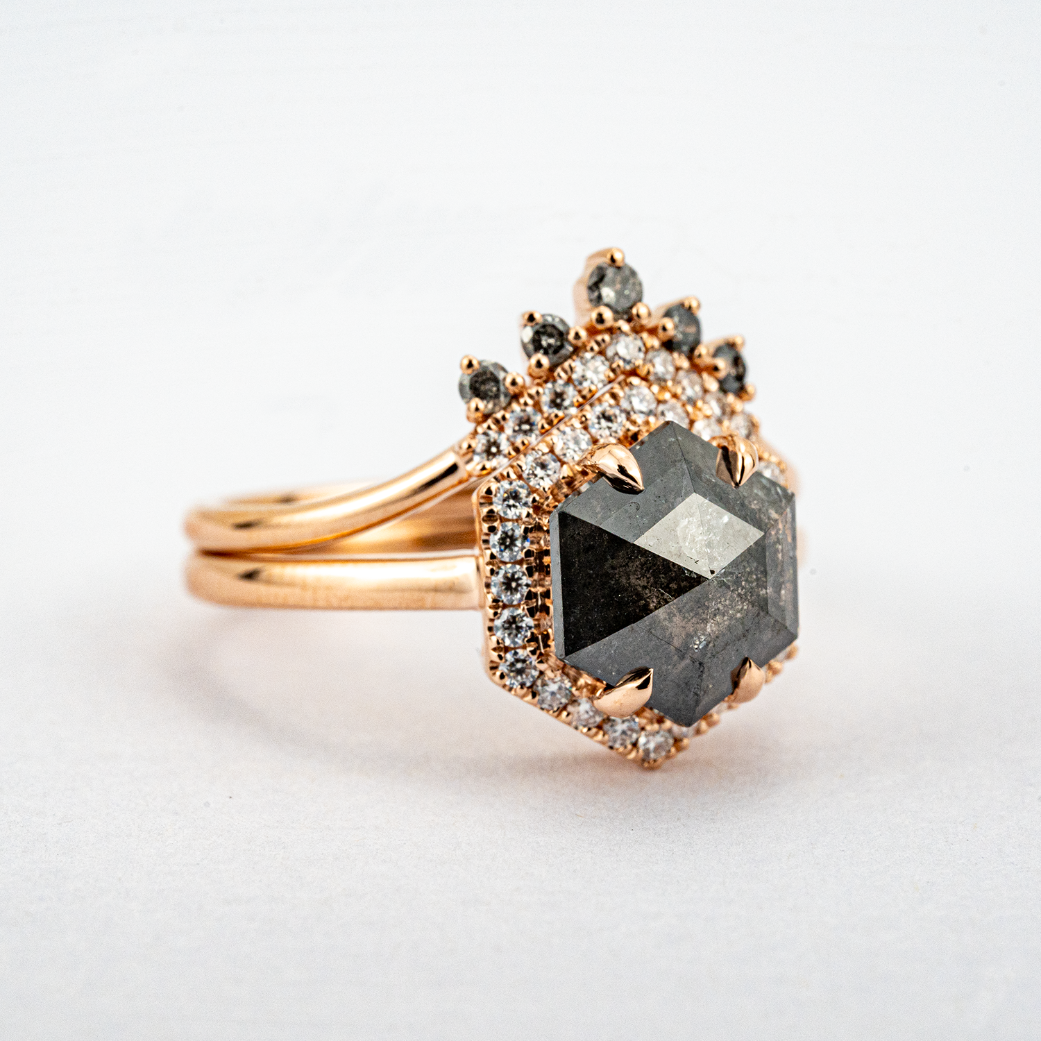 2 Carat Hexagonal Salt and Pepper Diamond Wedding Ring Set