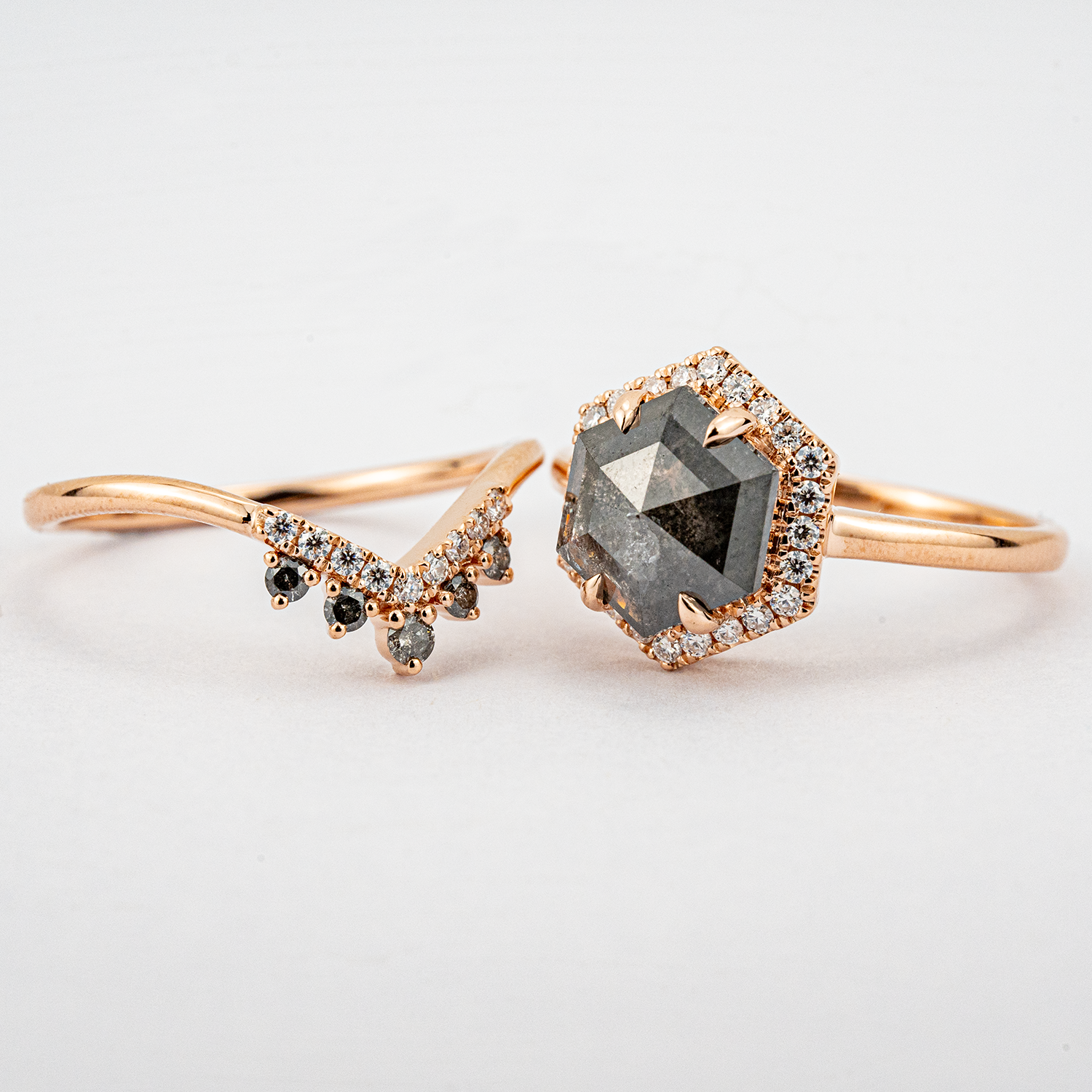 2 Carat Hexagonal Salt and Pepper Diamond Wedding Ring Set