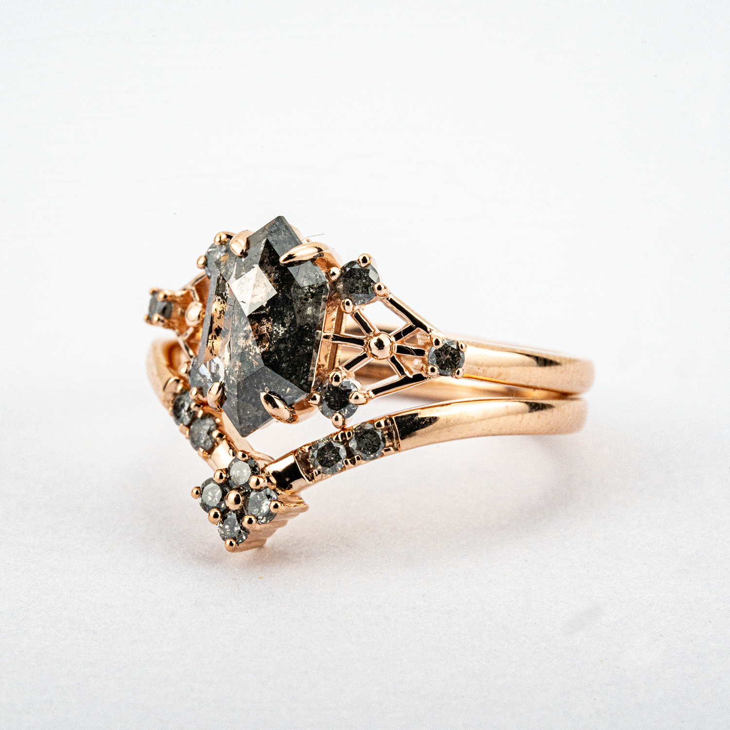 2 Carat Long Hexagonal Salt and Pepper Diamond Engagement Ring Set