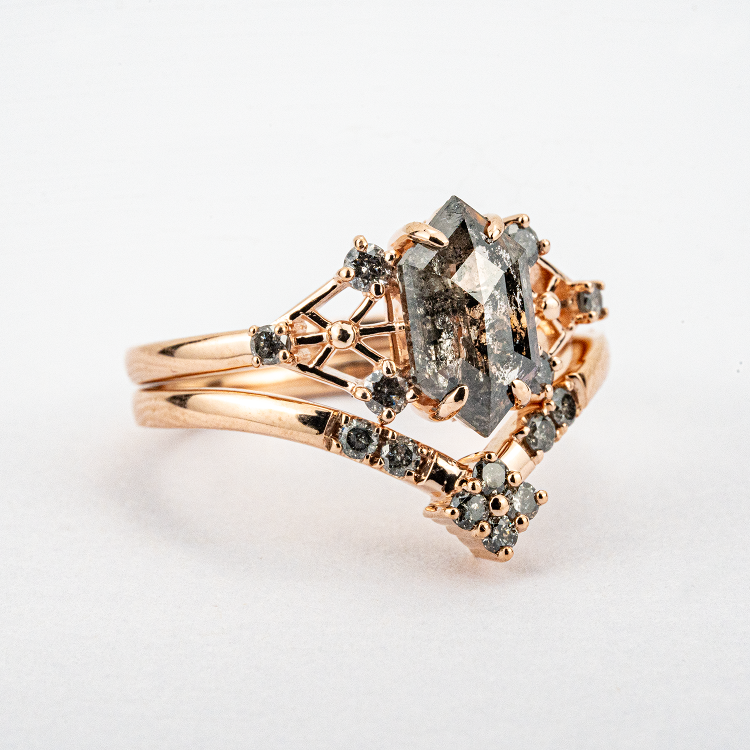 2 Carat Long Hexagonal Salt and Pepper Diamond Engagement Ring Set