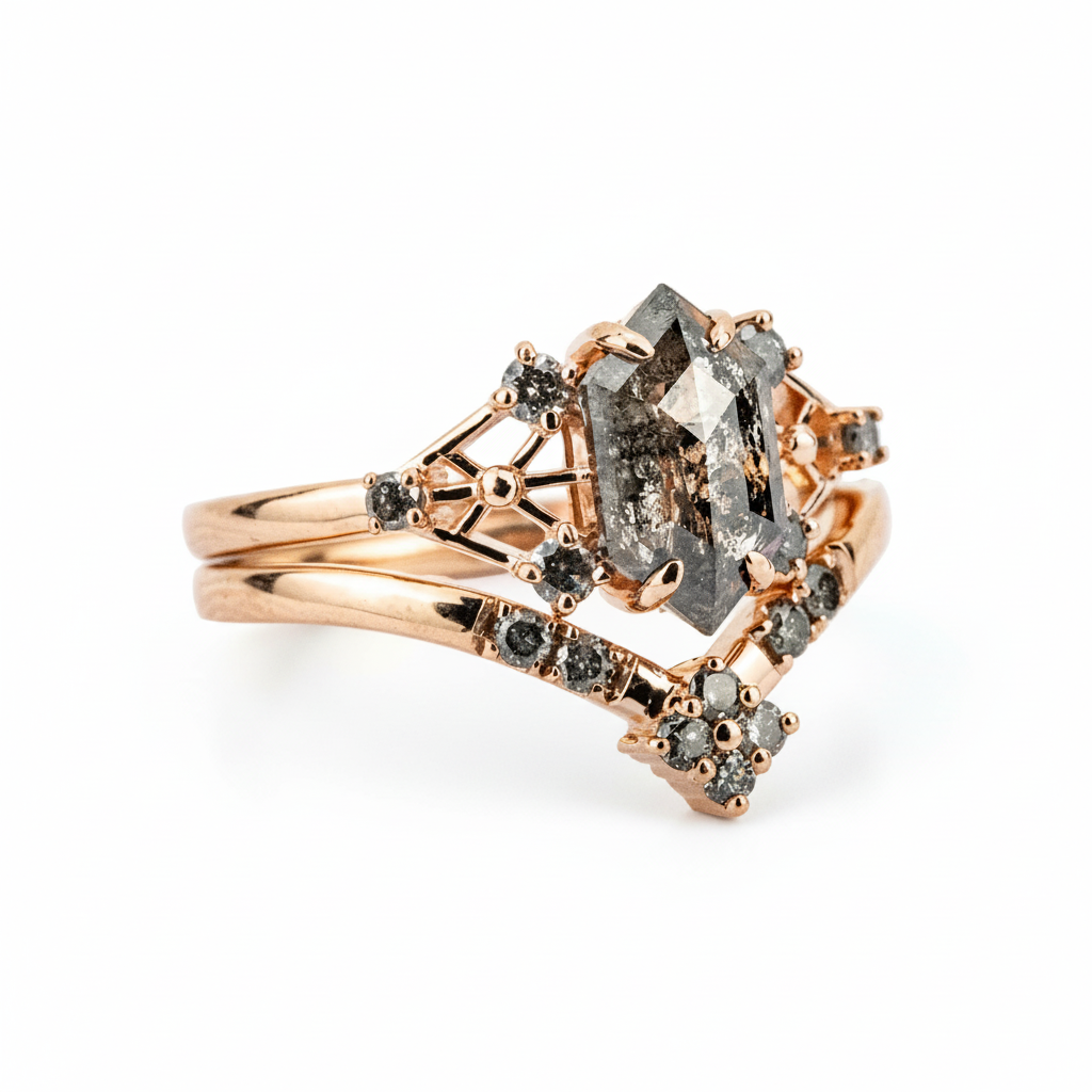 Product view of Long Hexagon Salt and Pepper Diamond Ring Set in Gold