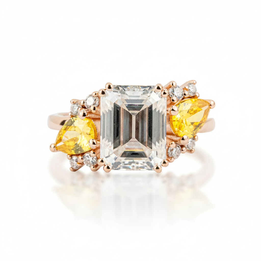 2 Carat Luxurious Rectangular Moissanite and Citrine Unique Rose Gold Engagement Ring