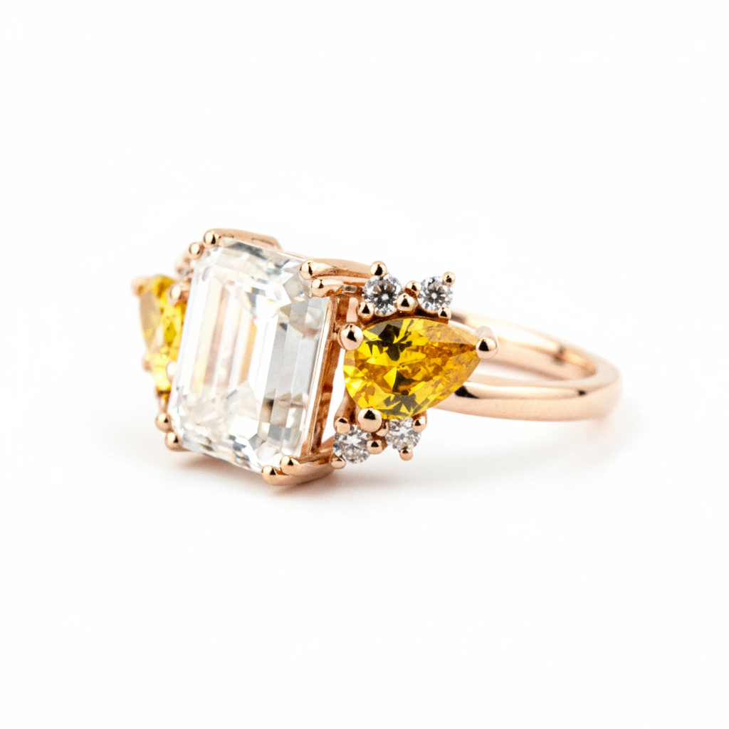 2 Carat Luxurious Rectangular Moissanite and Citrine Unique Rose Gold Engagement Ring