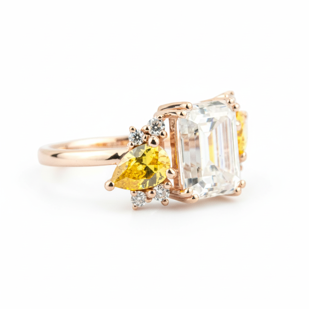 2 Carat Luxurious Rectangular Moissanite and Citrine Unique Rose Gold Engagement Ring