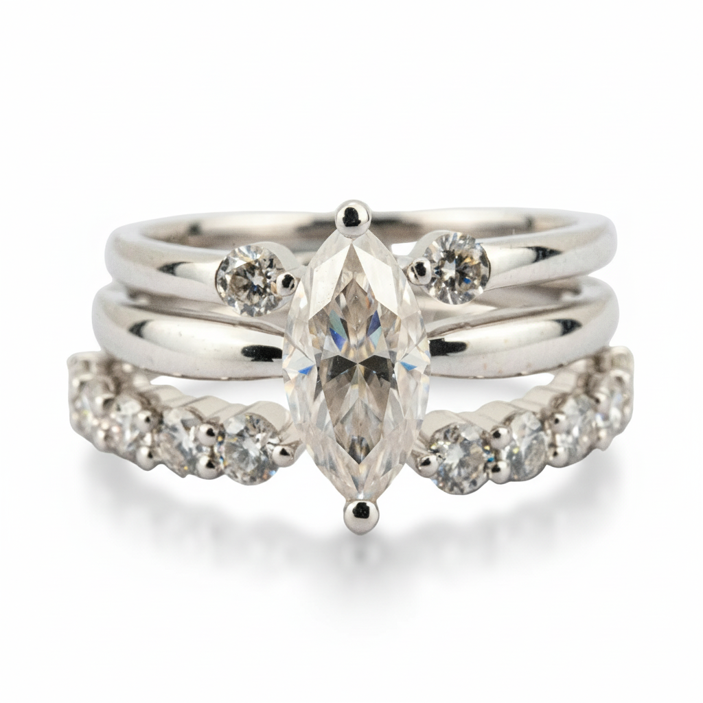 Front view of Marquise Moissanite Ring Set in Gold