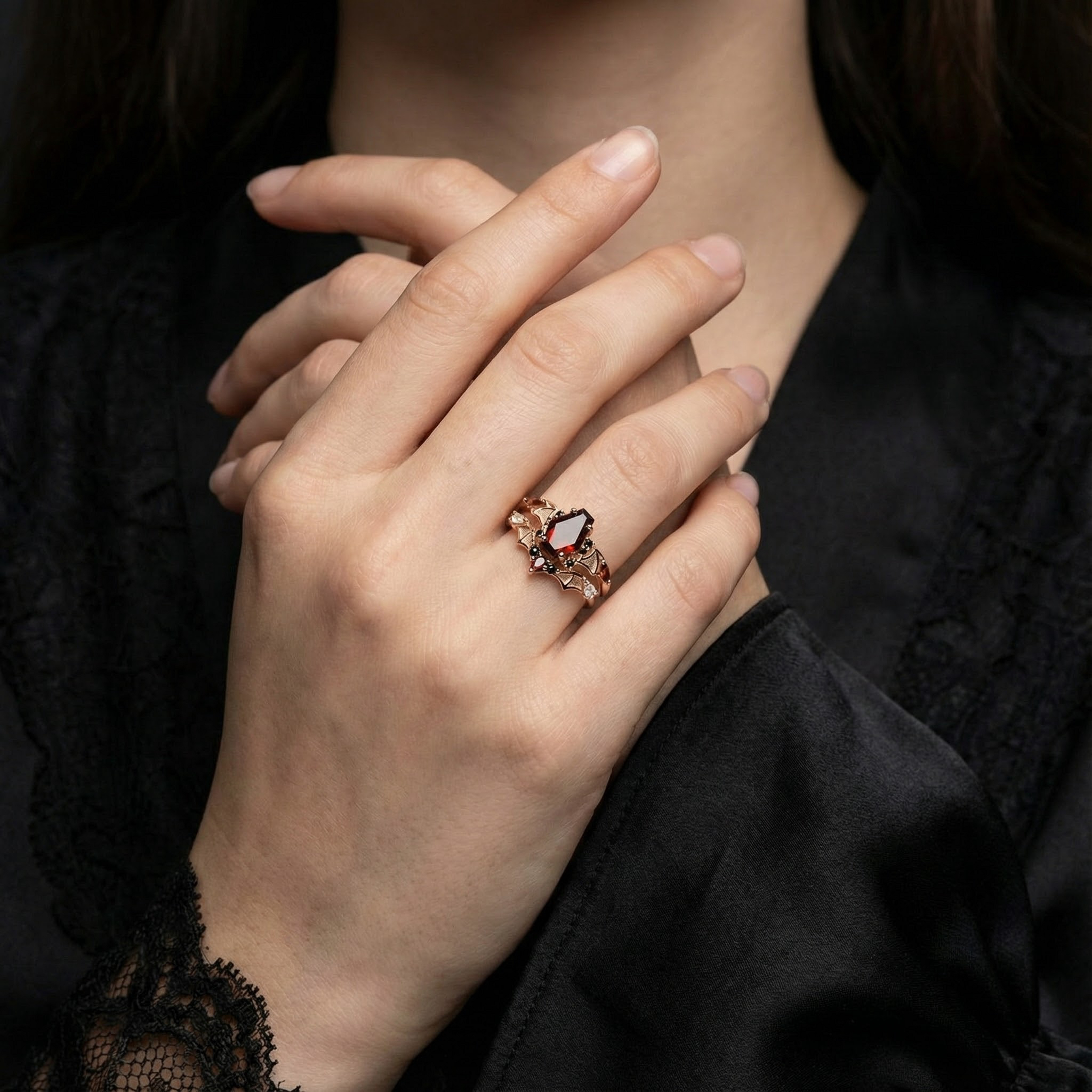 Lifestyle view of Coffin Garnet Ring Set in Rose Gold