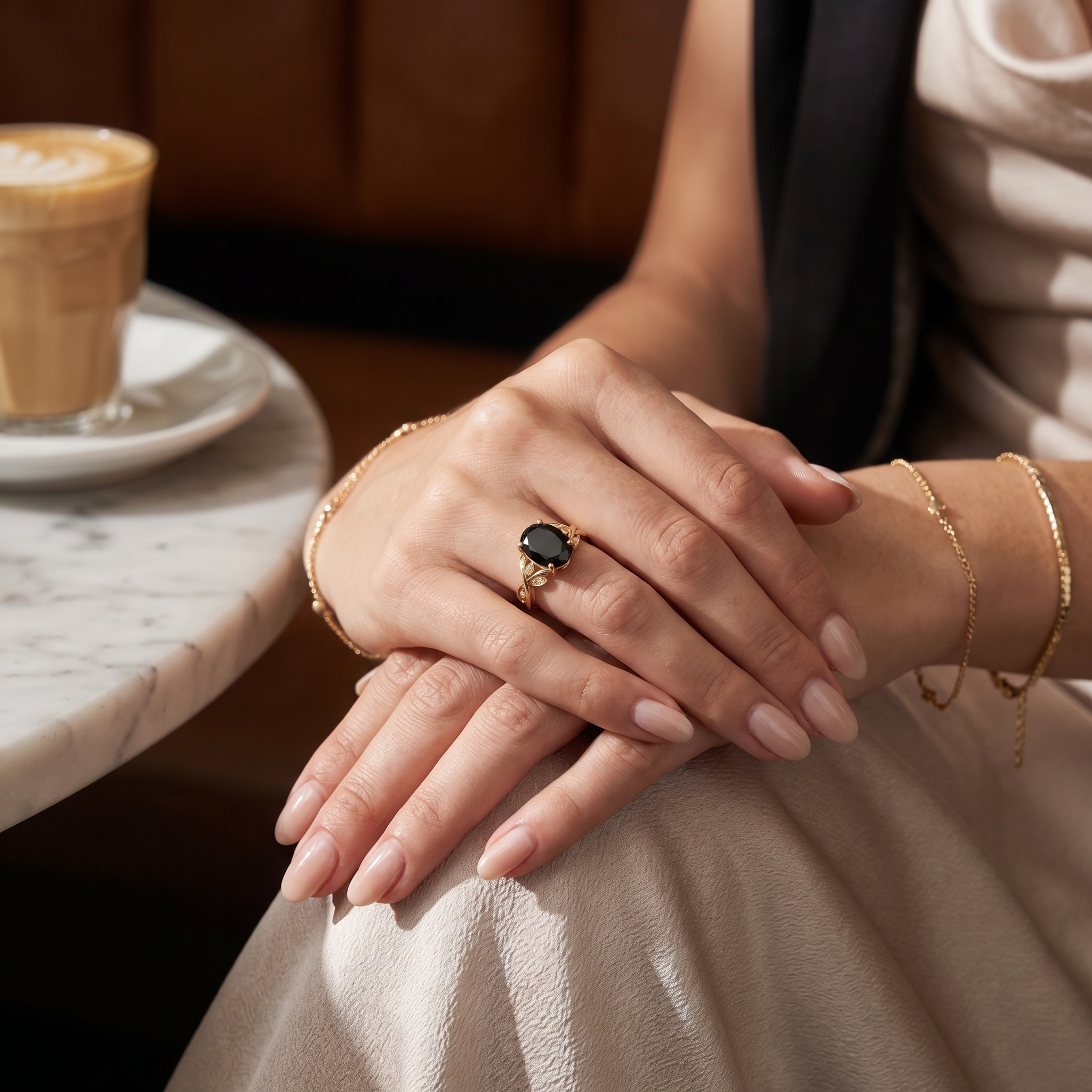 Black Onyx Leaf Vine Ring – Oval Gold Nature Inspired Ring