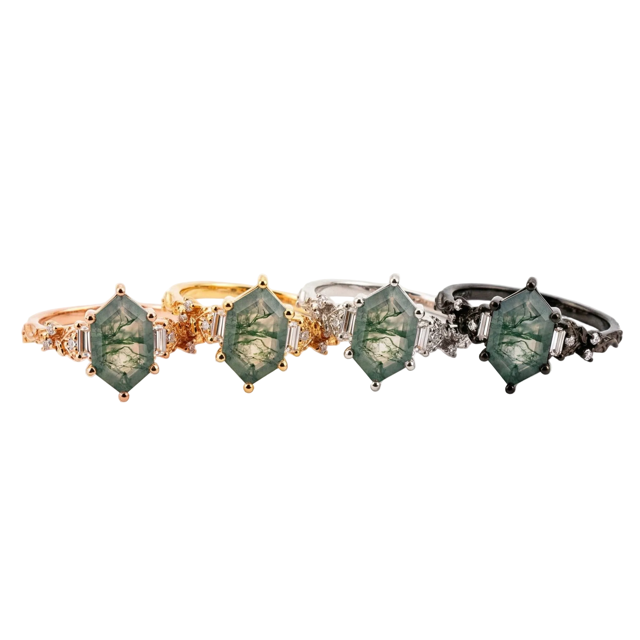 Lifestyle view of Long Hexagon Moss Agate Engagement Ring in Gold