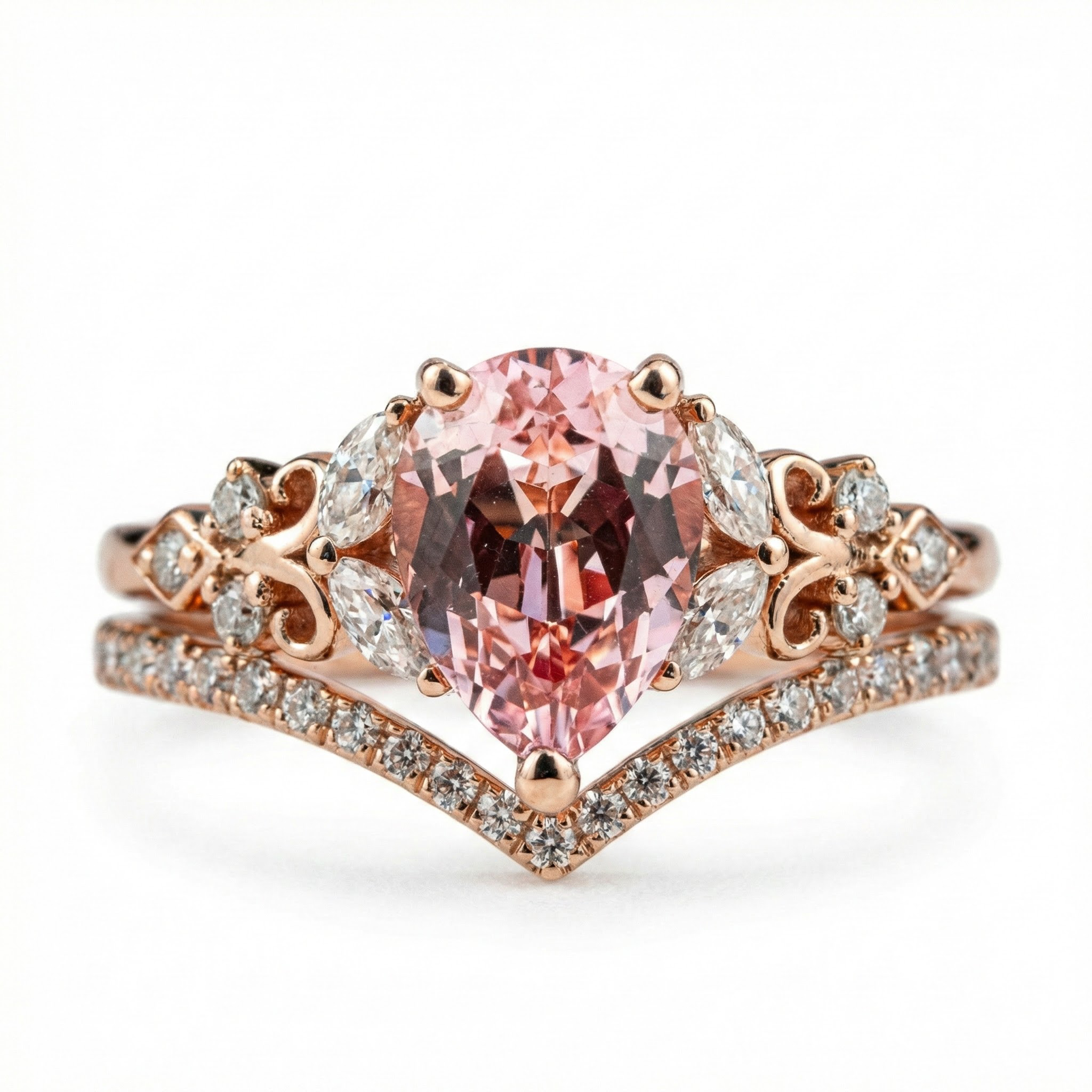 Rose Quartz and Moissanite Engagement Ring Set - Elegant, Sparkling, Alternative Gemstones