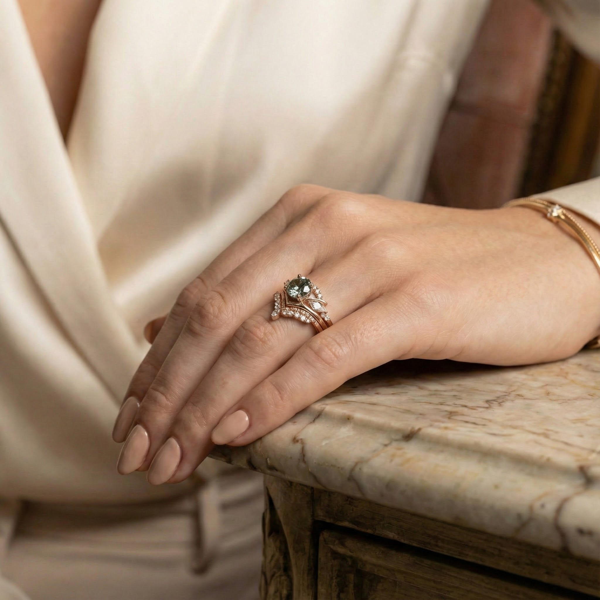 Unique Round Moissanite/Diamond Ring Set, Simple Linear Design