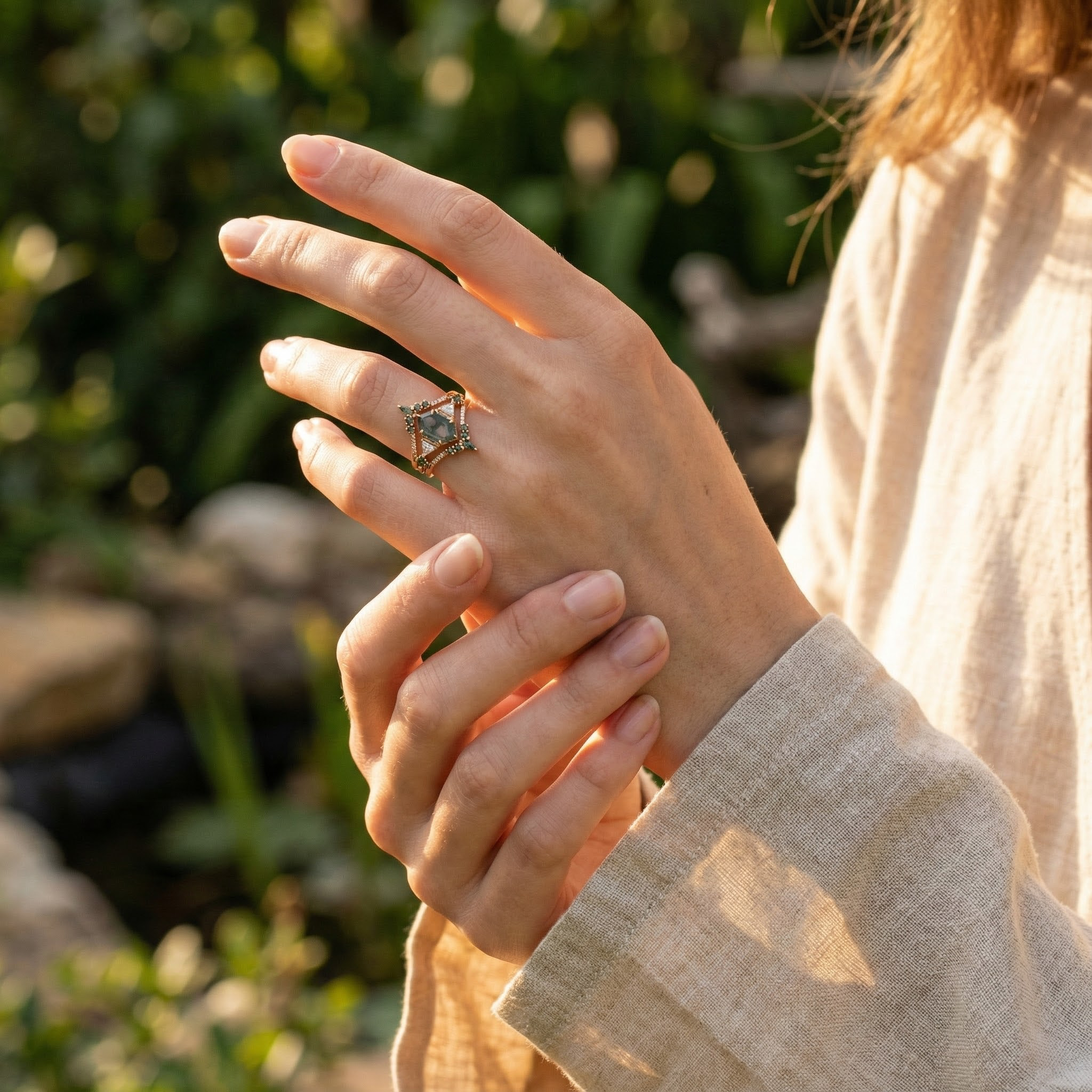 Vintage Hexagonal Moss Agate Nature-Inspired Rings Set Agate Engagement Ring