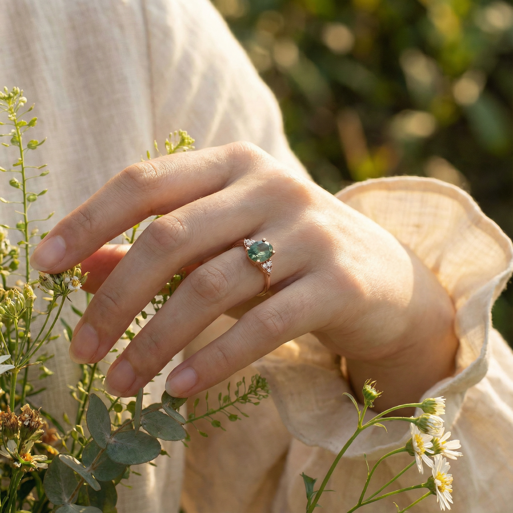 Angled view of Oval Moss Agate Engagement Ring in Gold