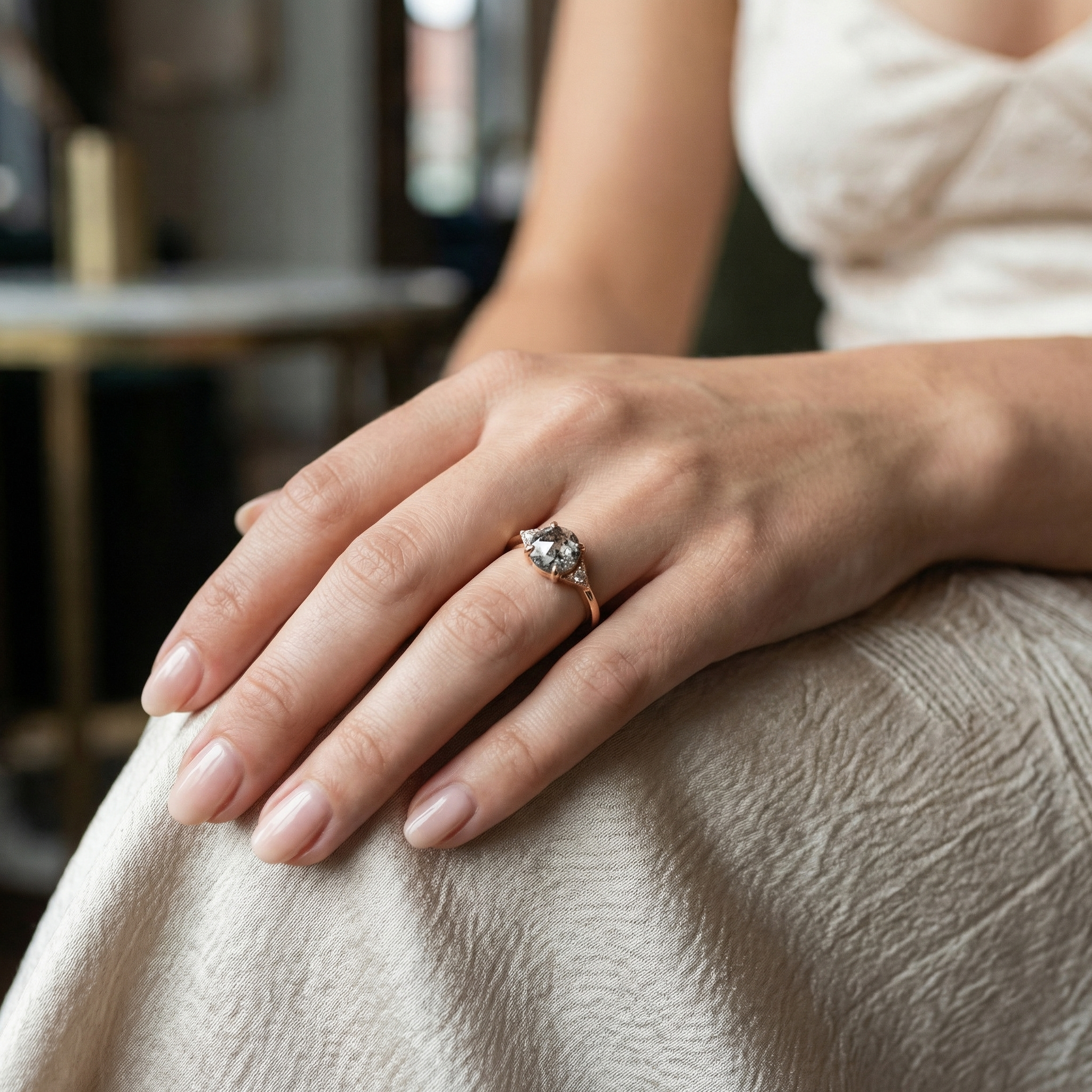 Detailed view of Round Salt and Pepper Diamond Engagement Ring in Rose Gold