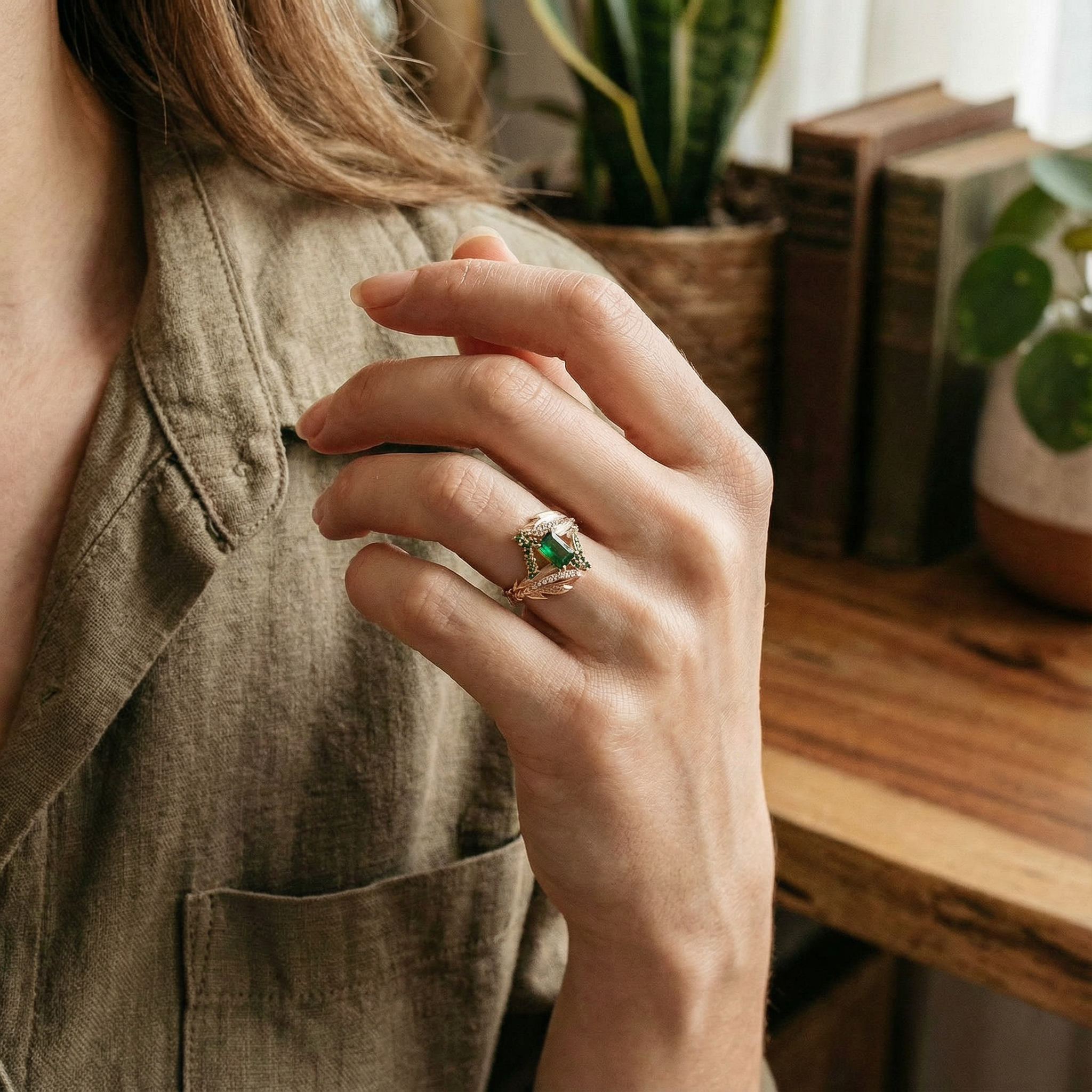 Luxurious Cultivated Emerald Leaf Textured Rose Gold Engagement Ring floral Ring