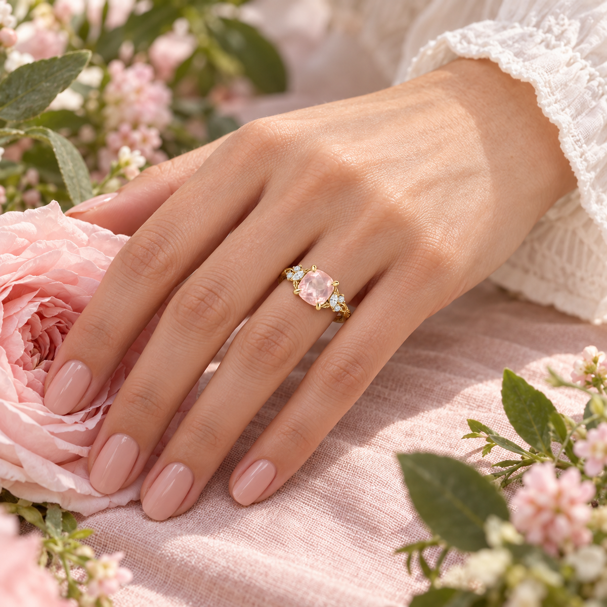 Cushion cut peach pink Padparadscha sapphire engagement ring with leaf details