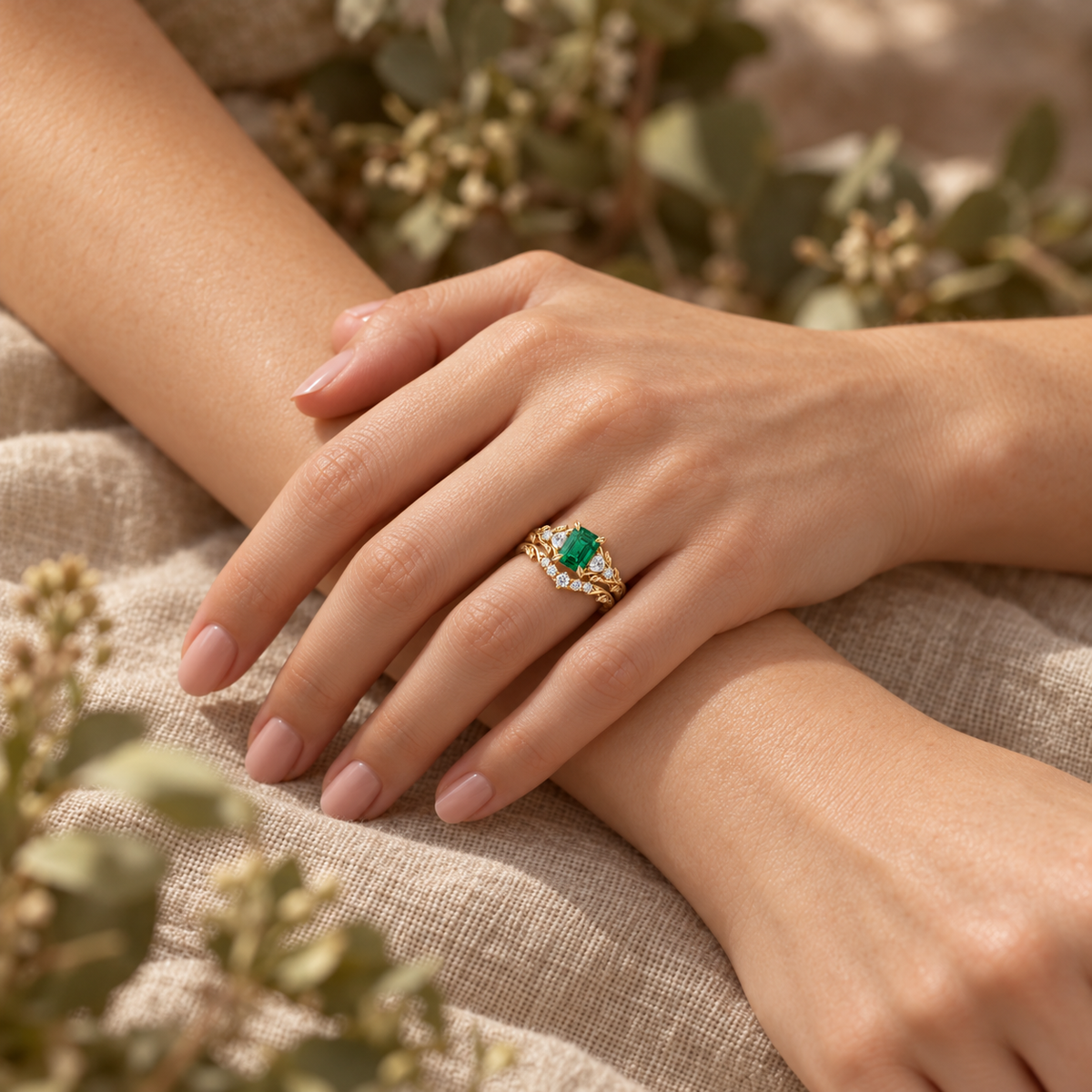 Emerald-cut green gemstone ring with pear-shaped side stones and gold leaves