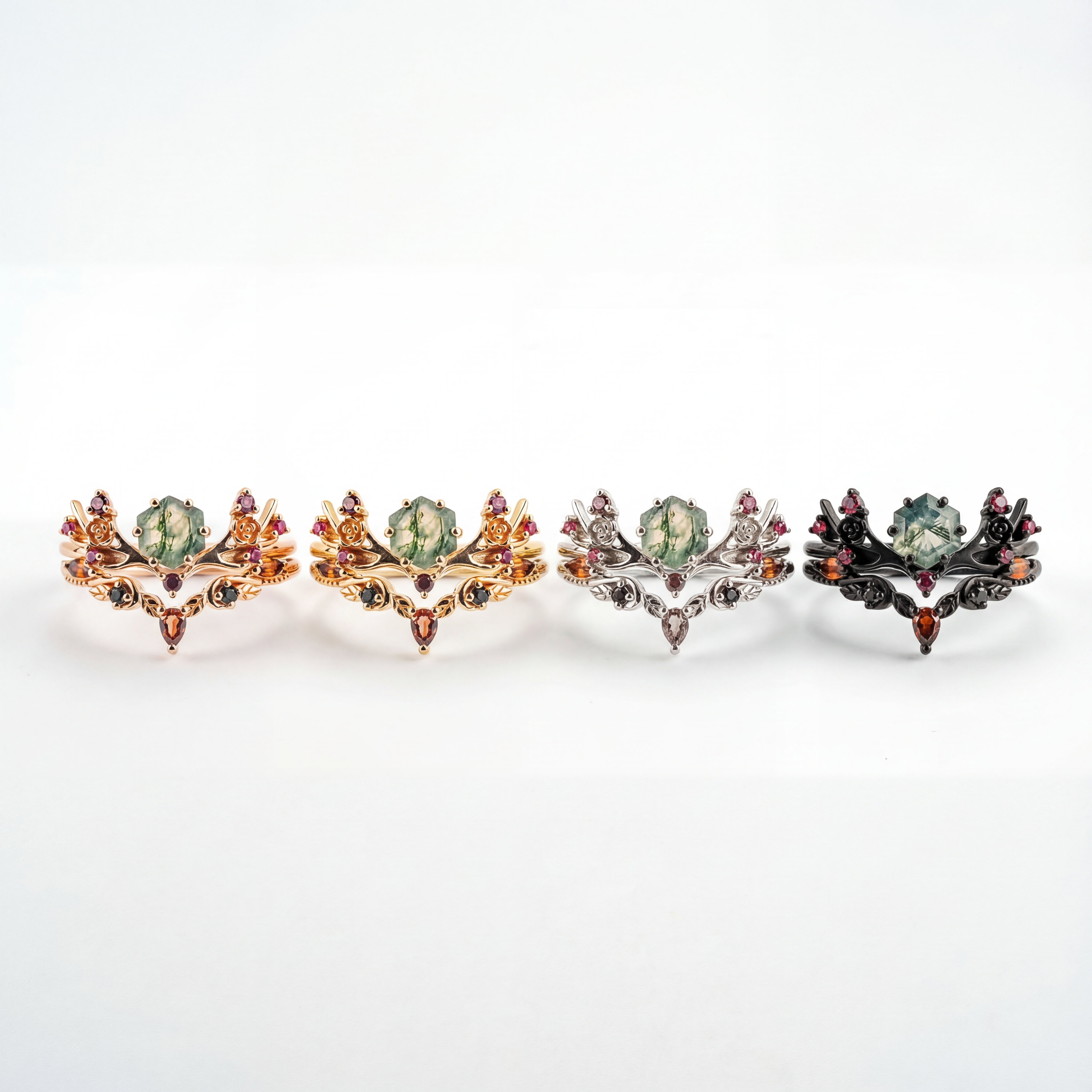 Botanical Elegance - Hexagonal Moss Agate and Garnet Leaf Ring Set Floarl Ring Set