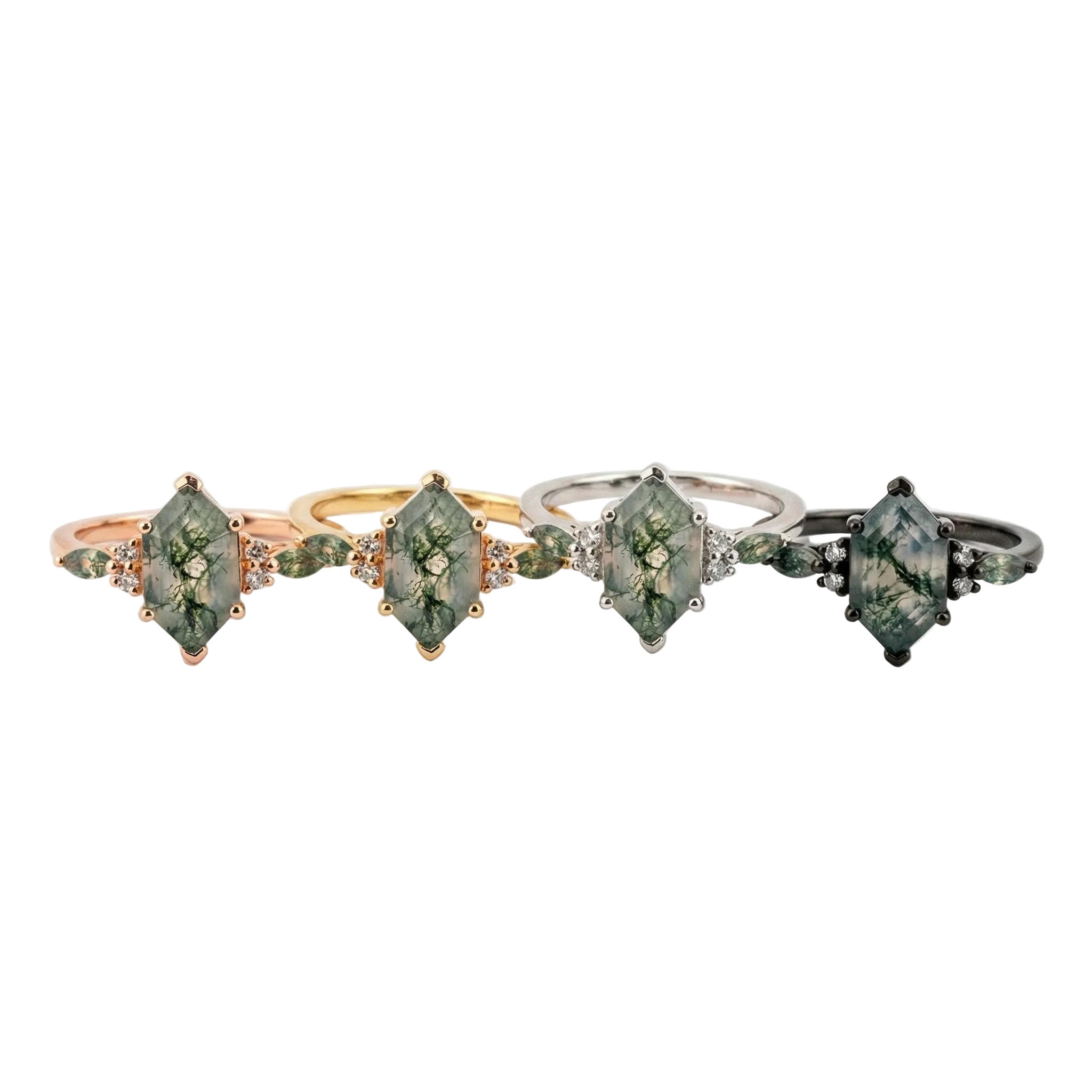 Lifestyle view of Long Hexagon Moss Agate Ring in Gold