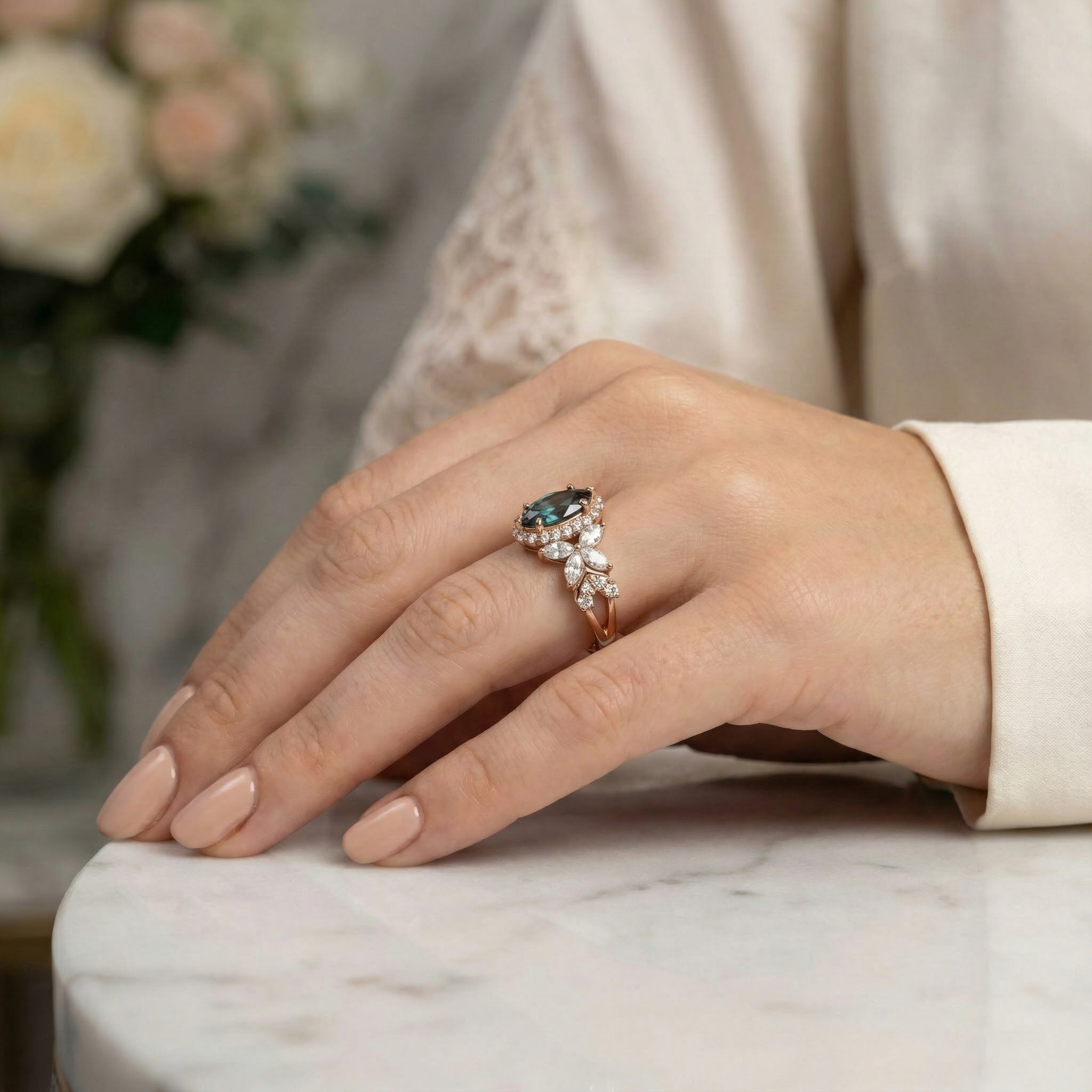 Luxurious Marquise Lab Alexandrite with Moissanite Gold Ring