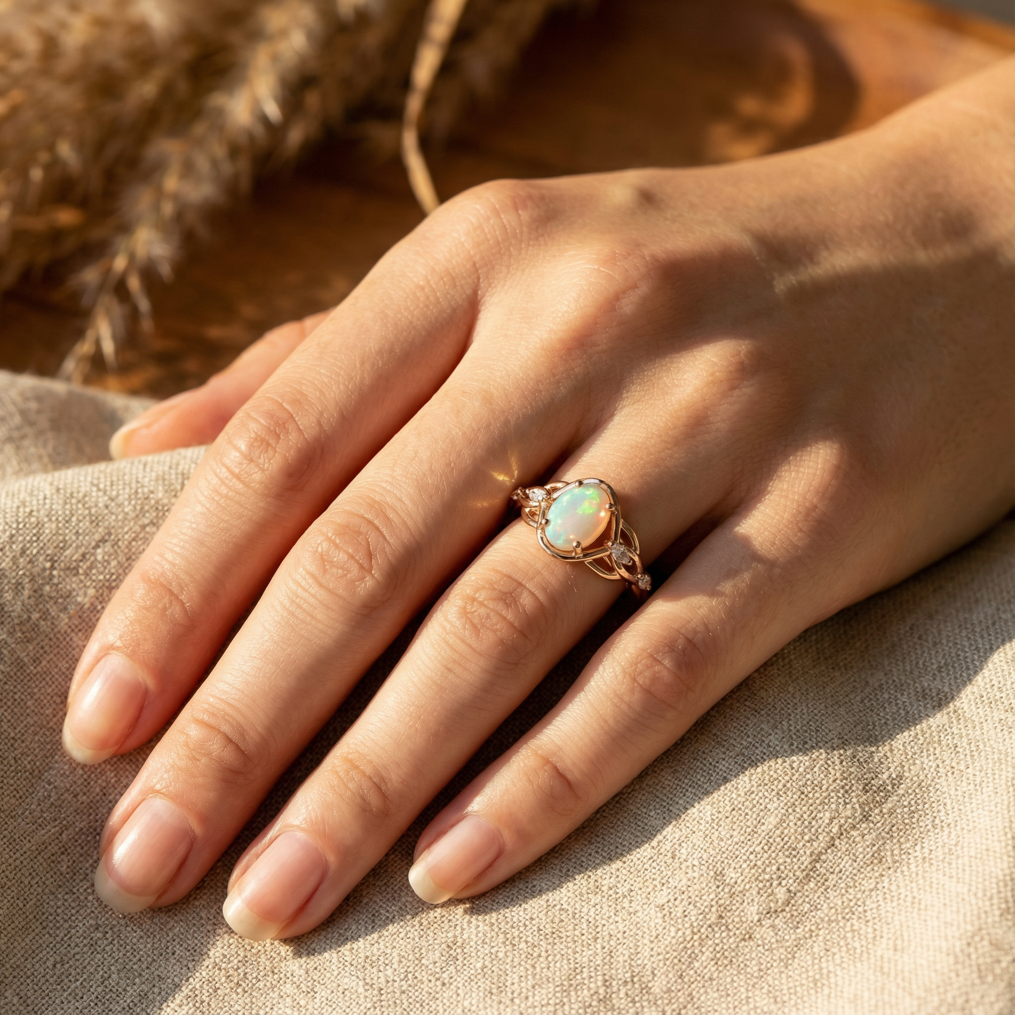 Oval Natural Opal With Moissanite Exquisite Engagement Ring Art Deco Opal Engagement Ring