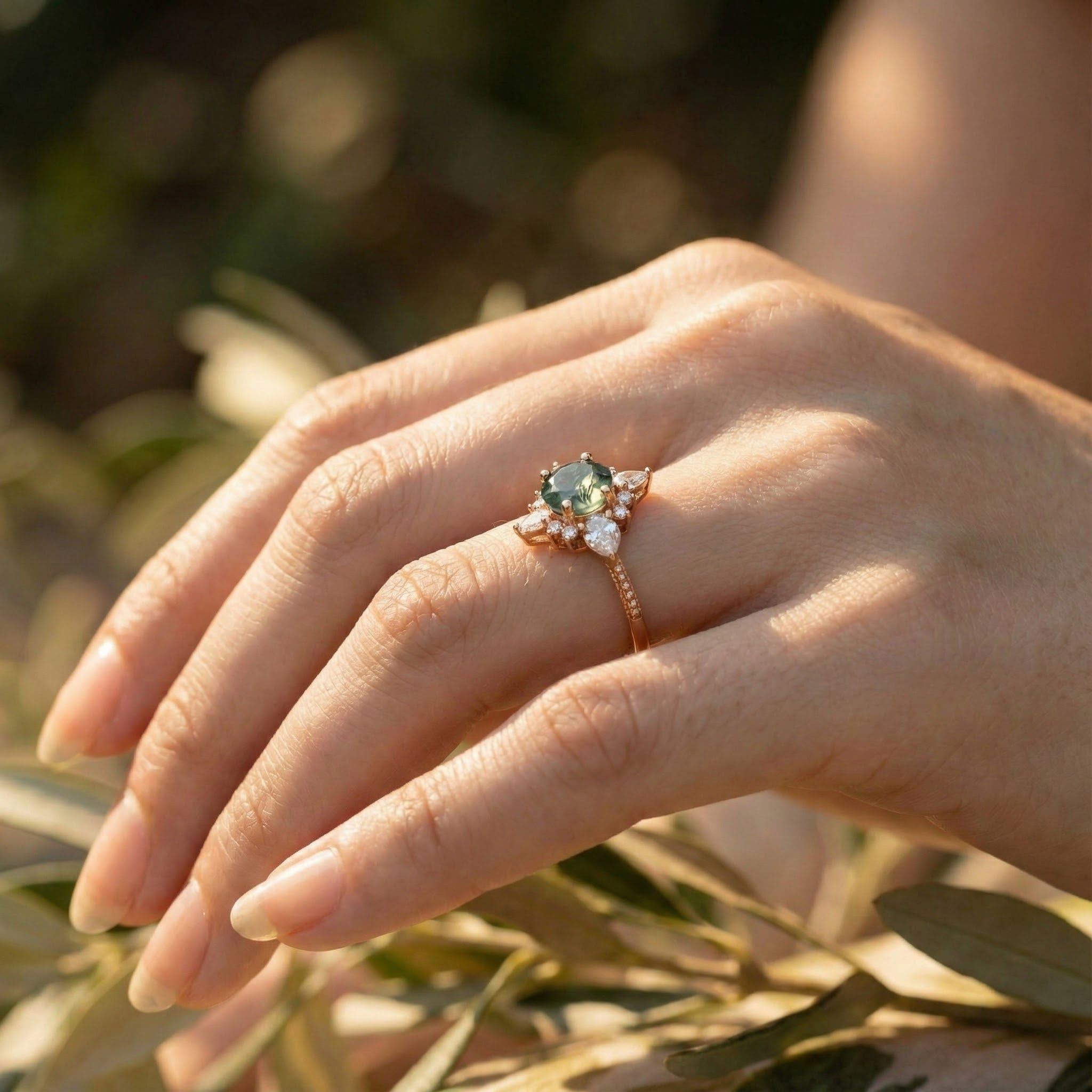 Detailed view of Moss Agate Ring in Gold
