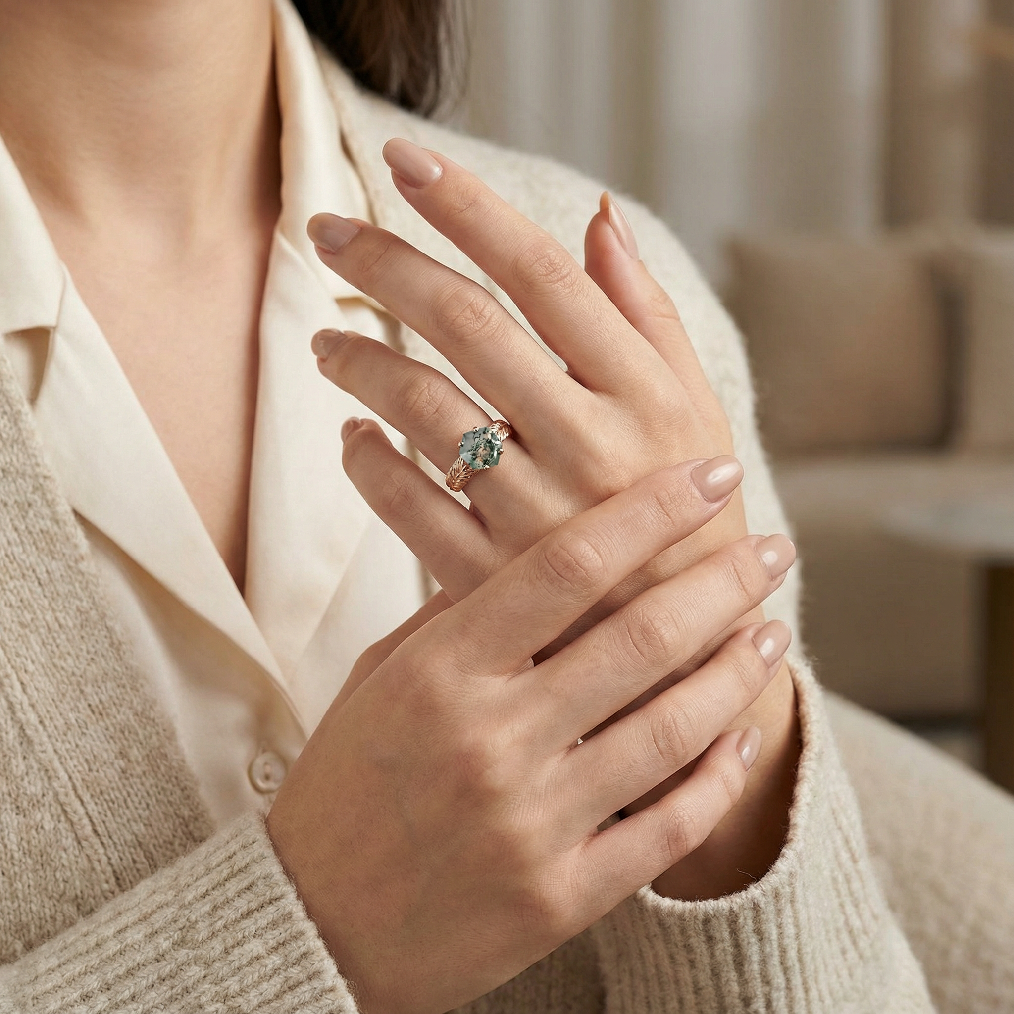 Botanical Elegance - Hexagonal Moss Agate Leaf Texture Ring Rose Gold Engagement Ring