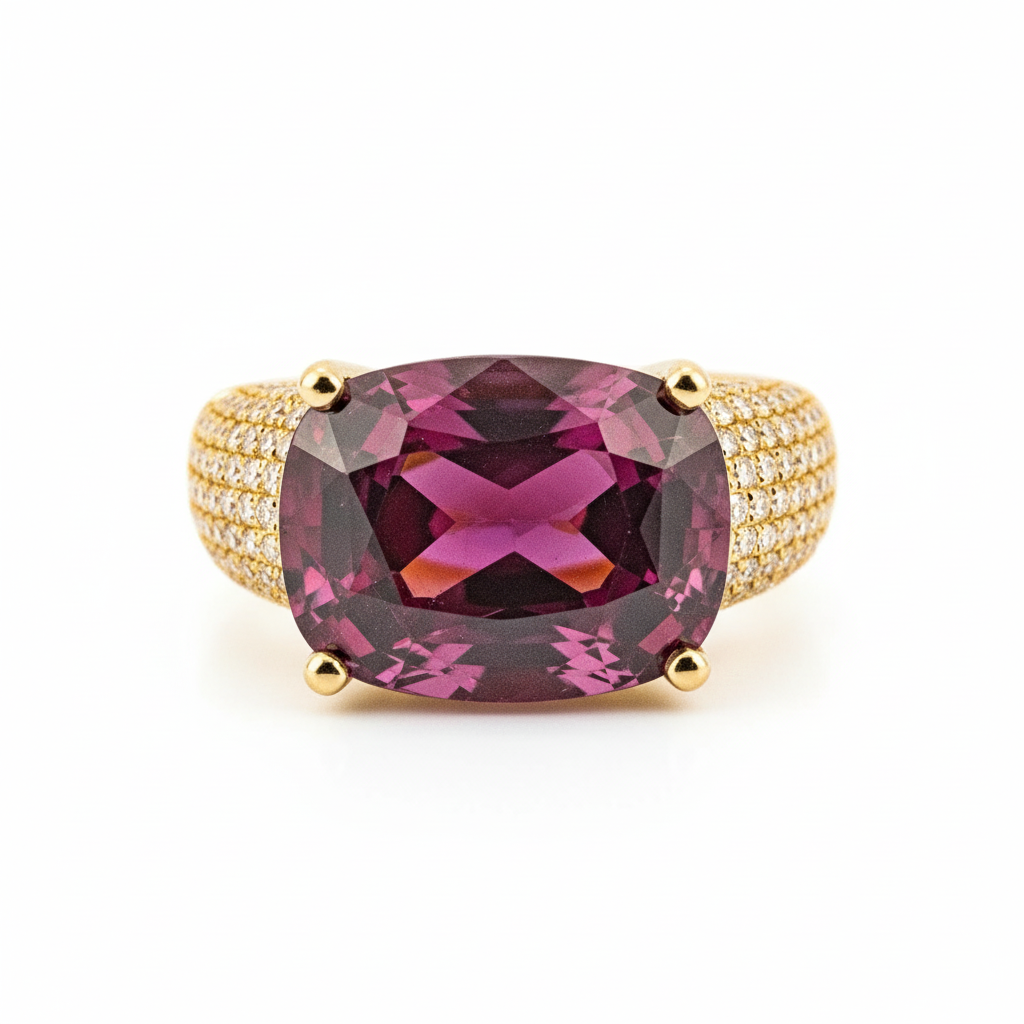 3 carat Luxury Rectangular Red Tourmaline Diamond Yellow Gold Ring Engagement Ring