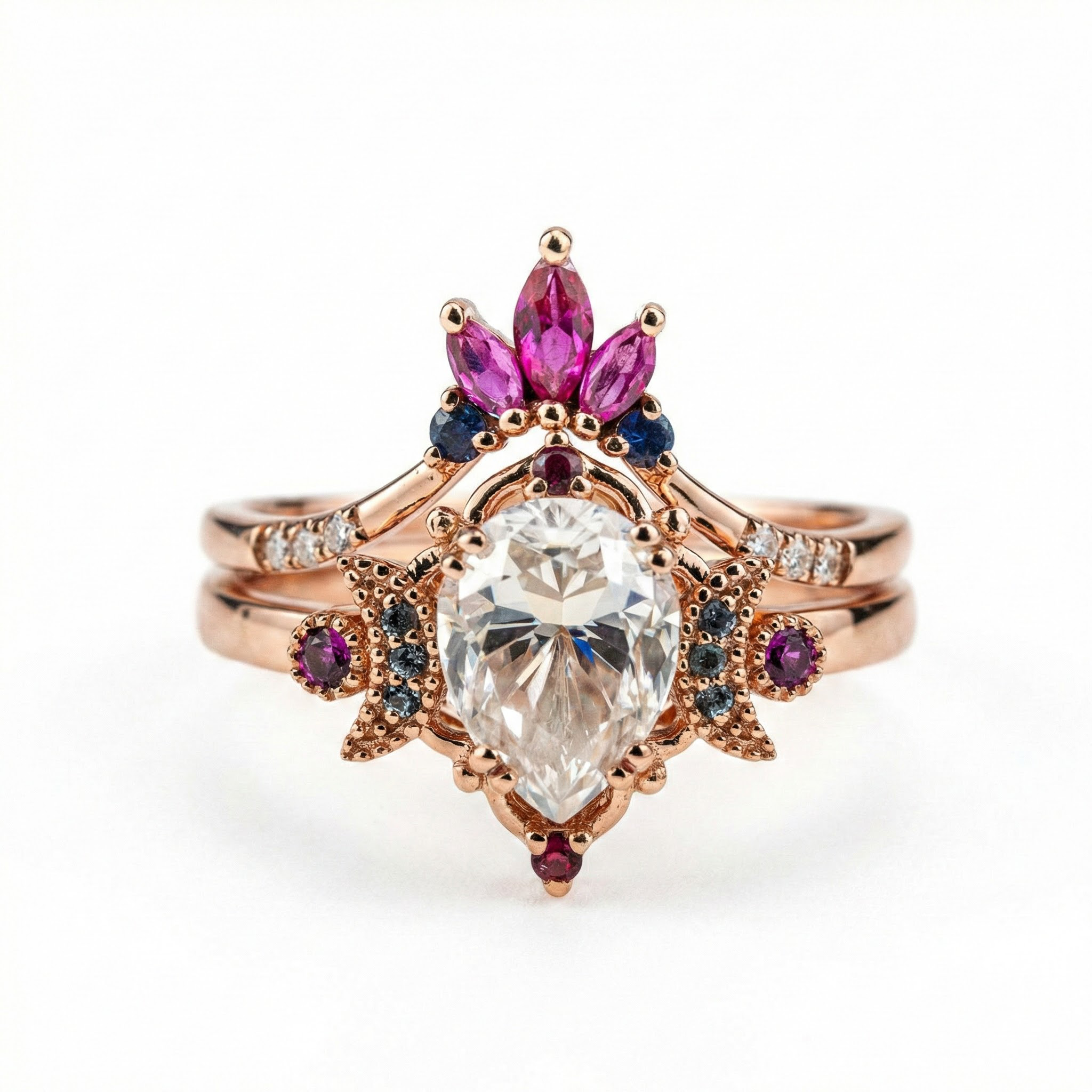 Pear Moissanite&Amethyst Engagement Ring Set.