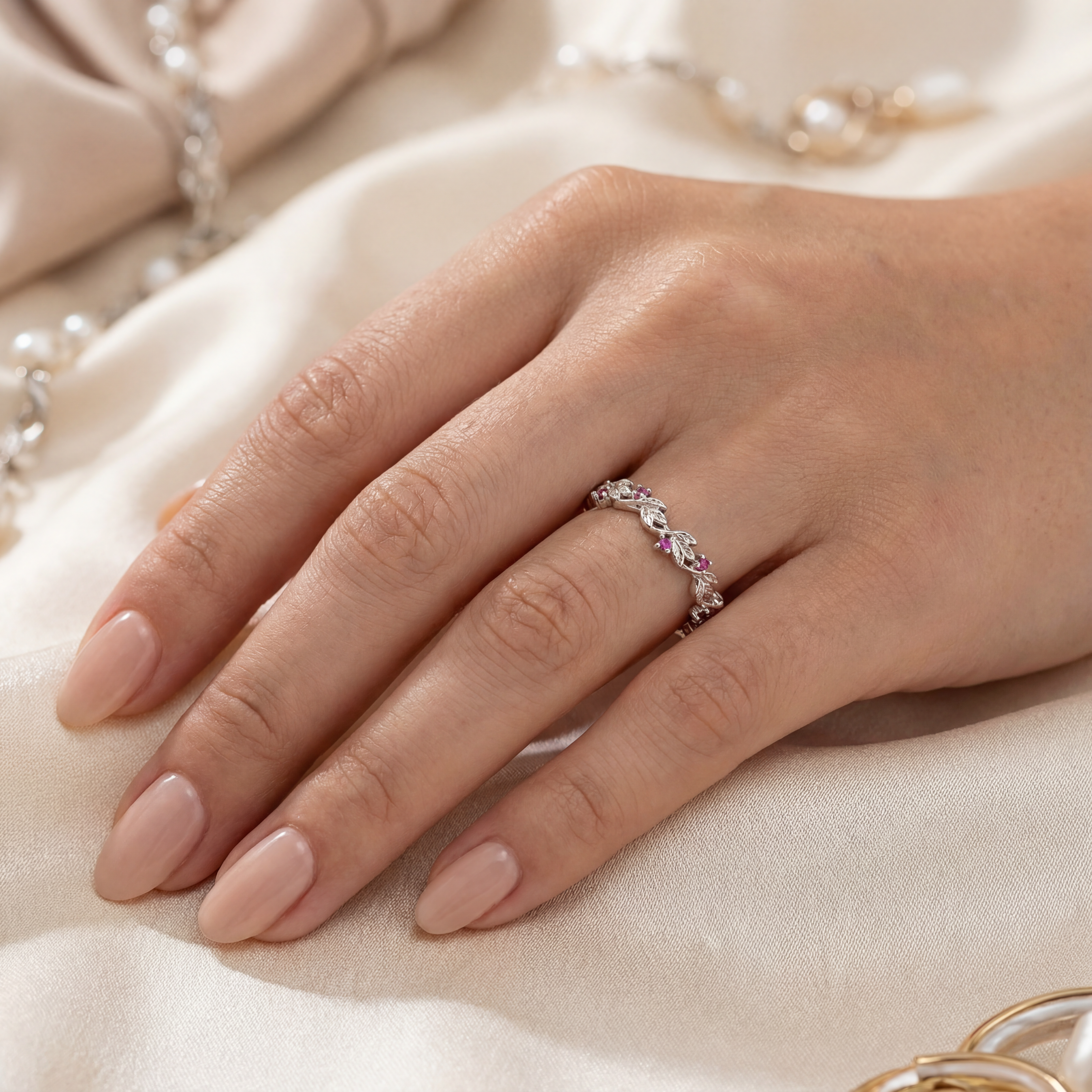 LUMINA - White Gold Leaf Ring Tourmaline Ring Nature-Inspired Design White Gold Engagement Ring