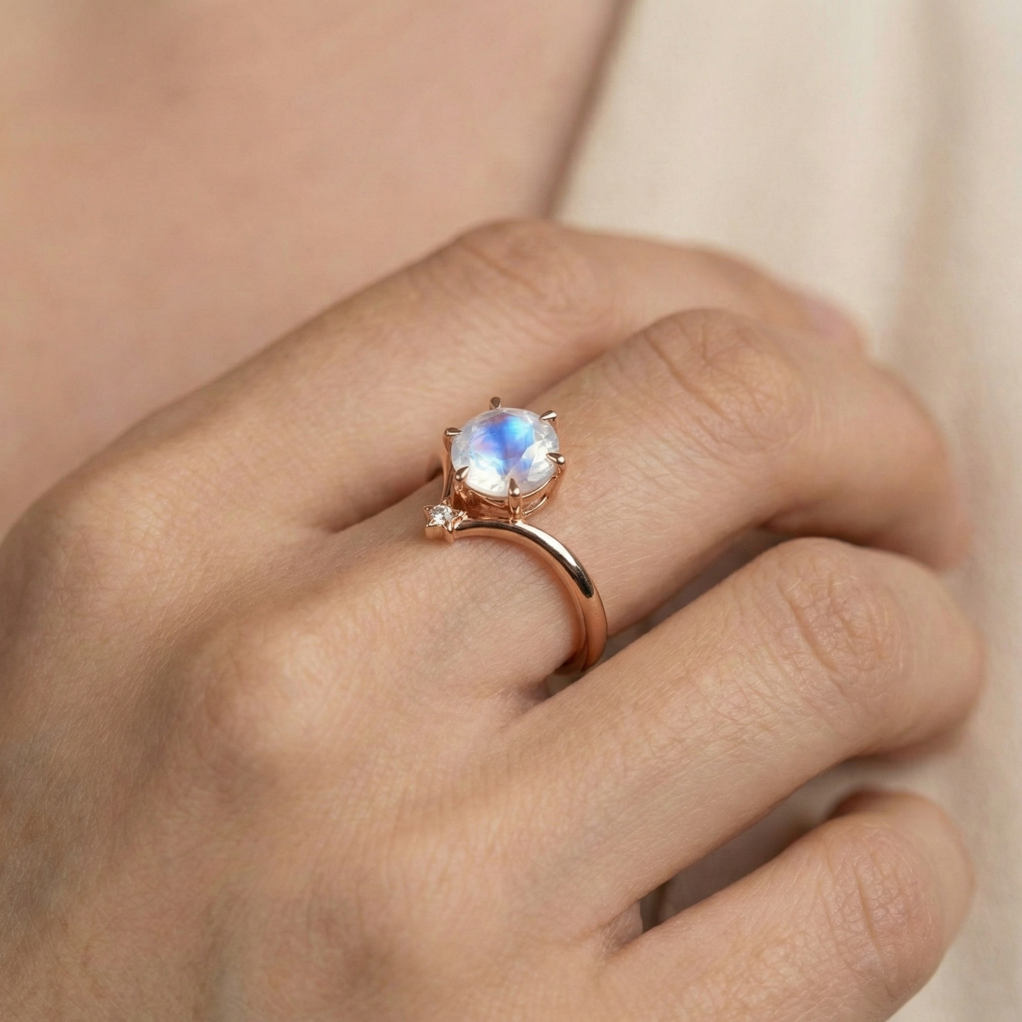 Minimalist Round Moonstone Engagement Ring With Moissanite