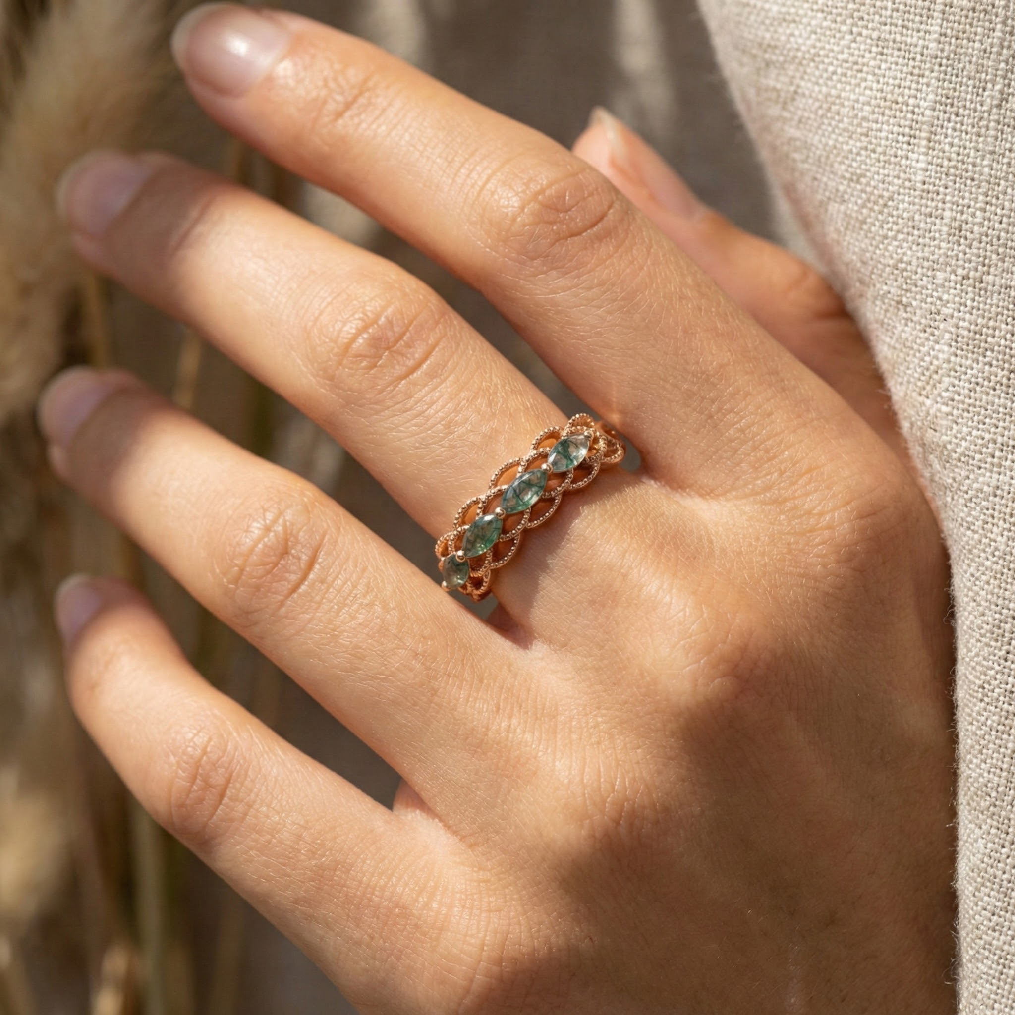 Detailed view of Moss Agate Ring in Gold