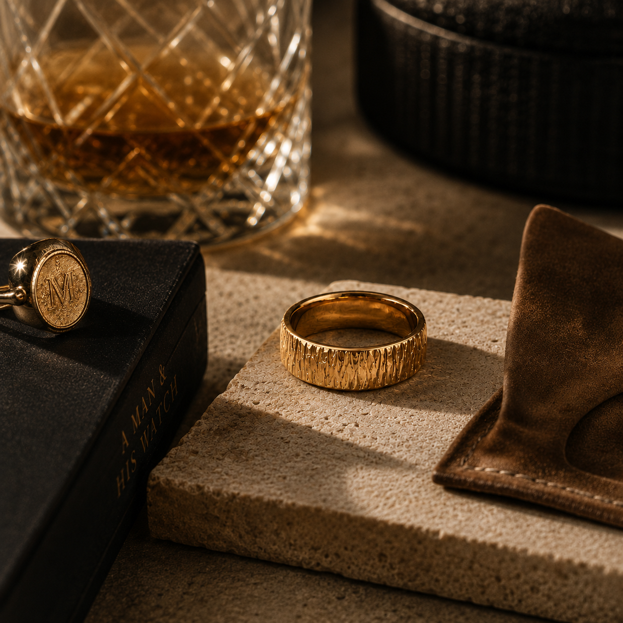 14K gold hammered men’s band styled on stone with luxury accessories