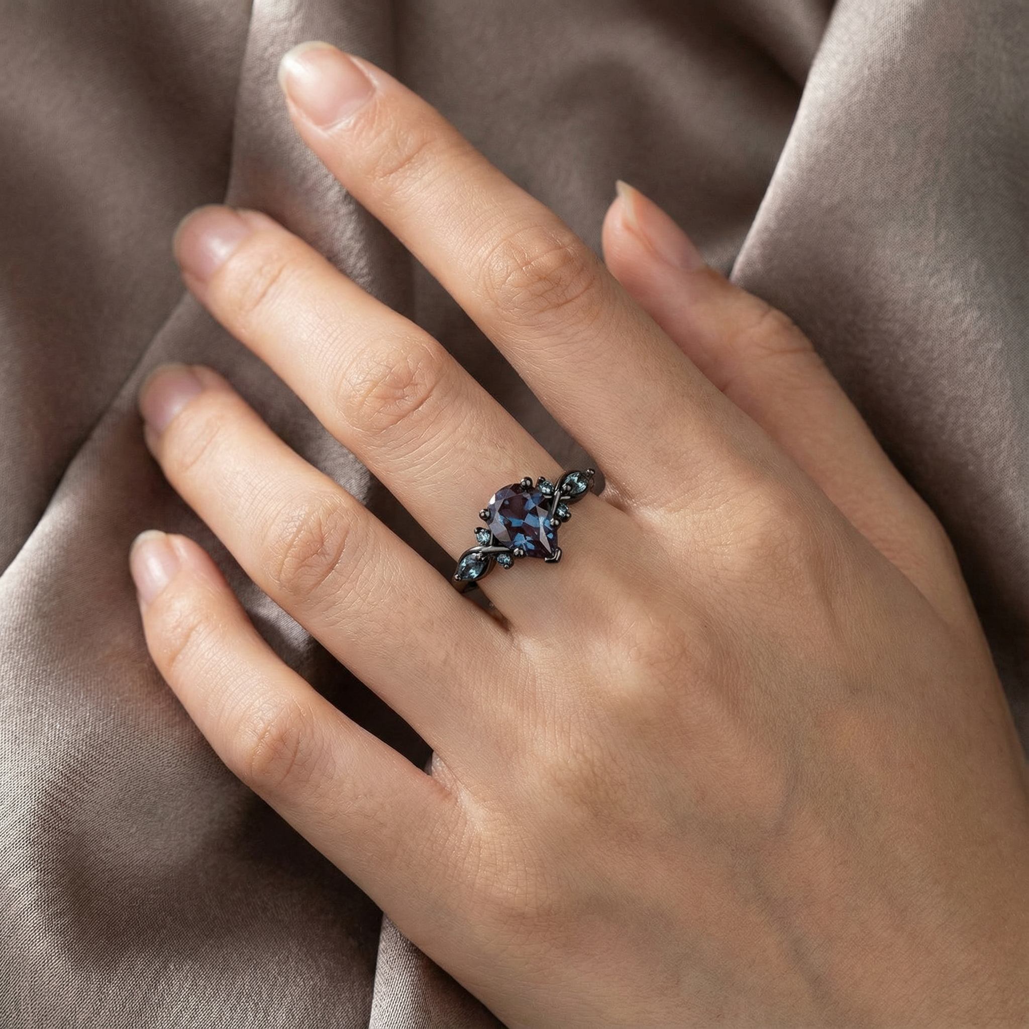 Pear Cut Lab Alexandrite Black Gold Unique Ring Black Gold Engagement Ring Art Deco Ring