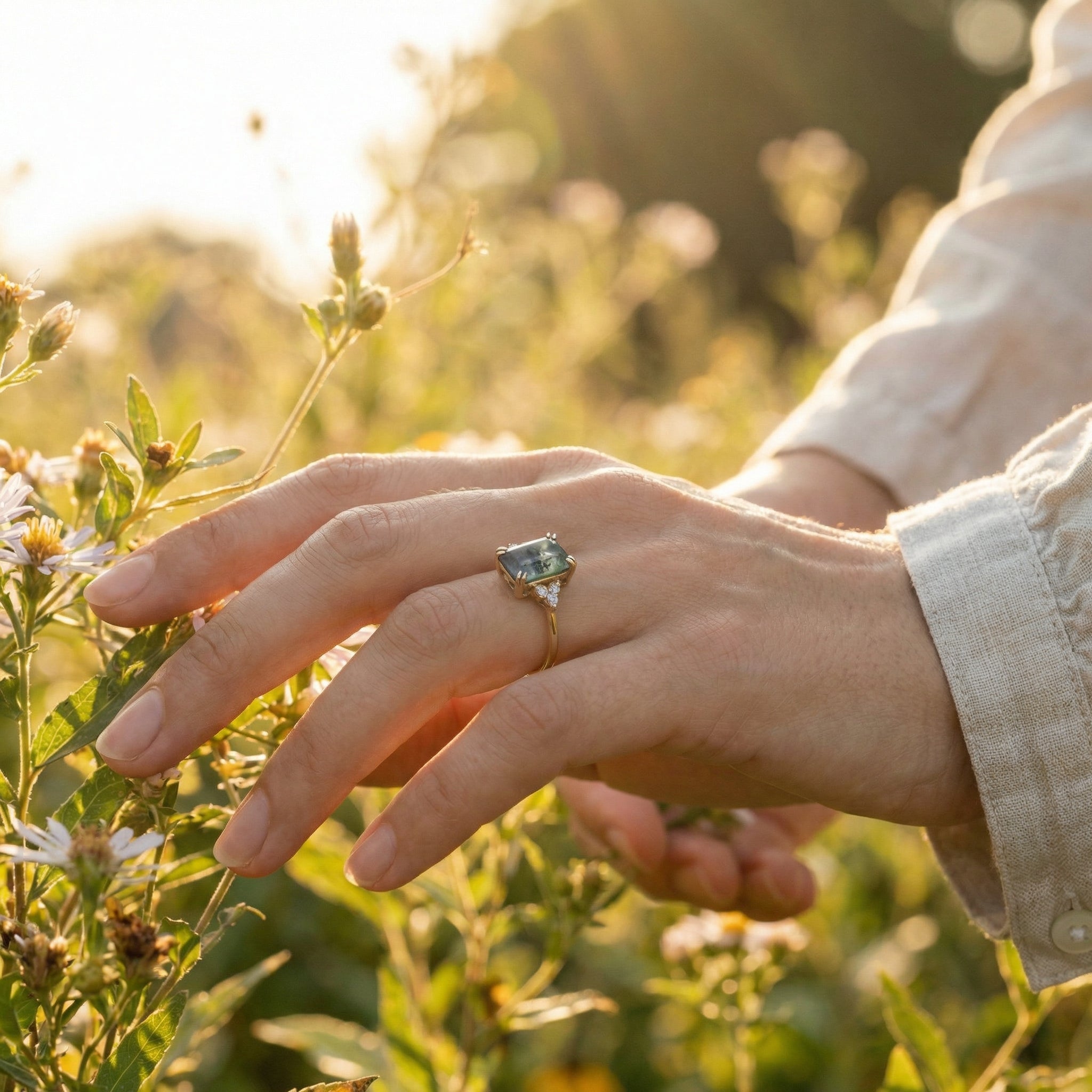 Classic Square Moss Agate Gold Engagement Ring With Moissanite.