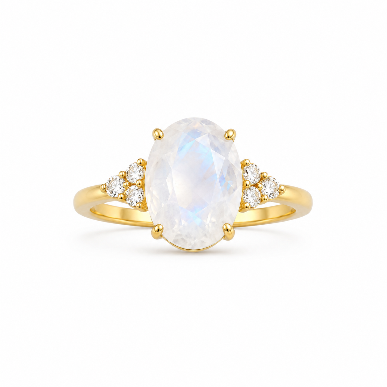 Oval moonstone engagement ring in gold with moissanite side stones