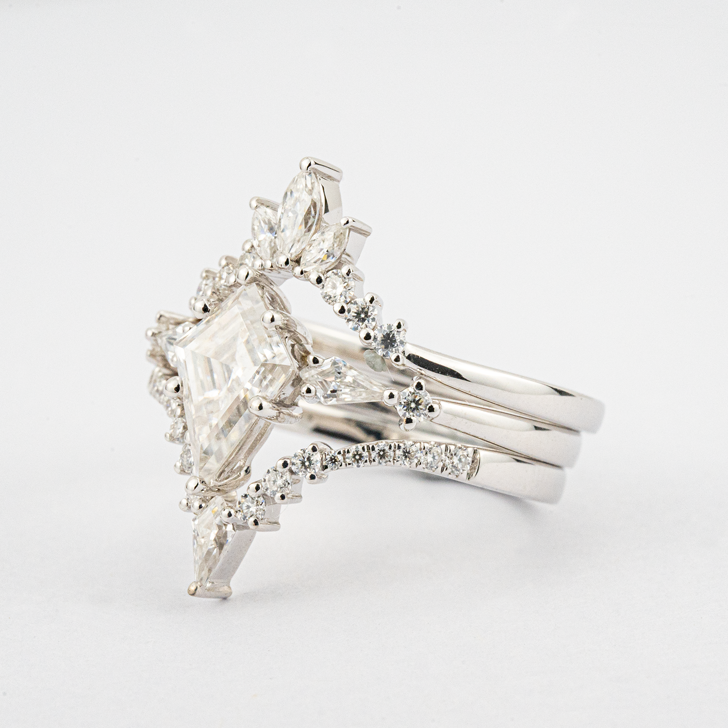 3pc Ring Set White Gold Engagement Ring Set Unique Diamond Ring Set Match Ring