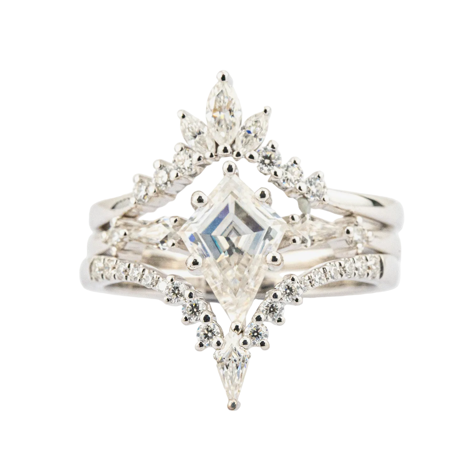 Front view of Kite Cut Moissanite Ring Set in White Gold