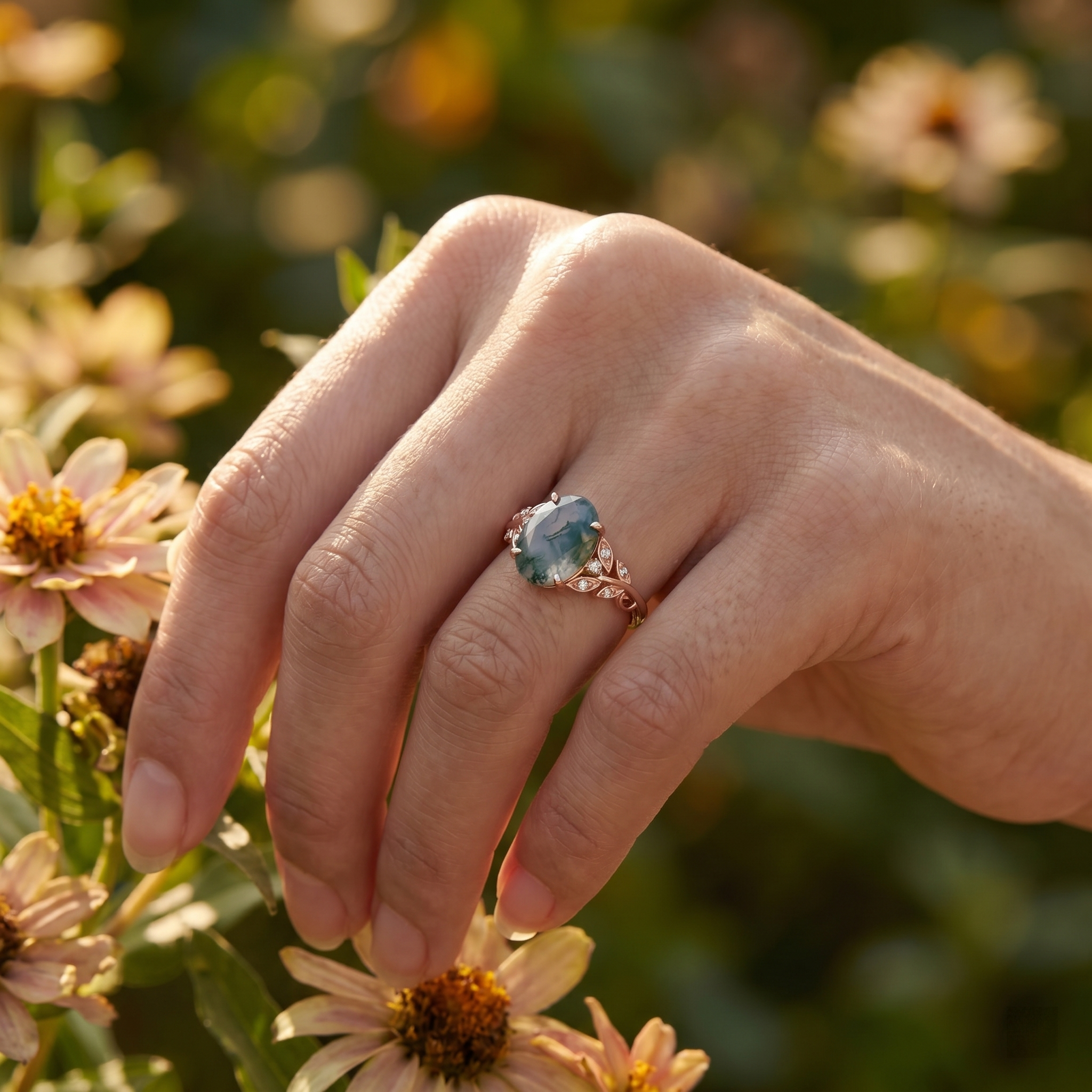 Rose gold oval moss agate engagement ring with nature-inspired leaf band and accent stones